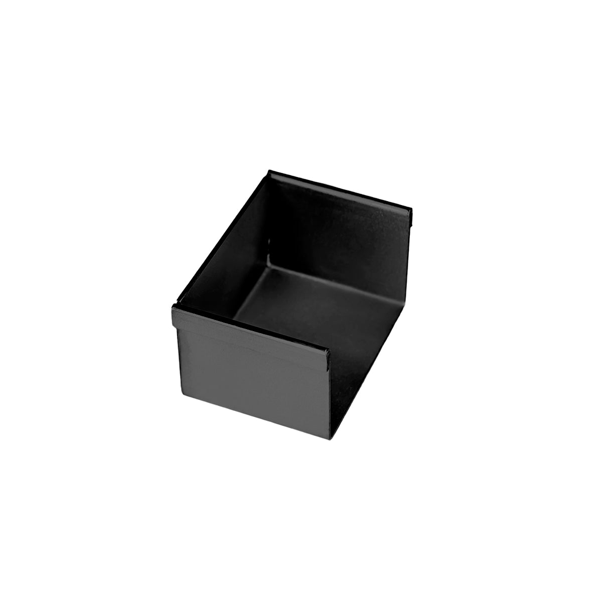 Matte black linear drain component with rectangular basin and sloped interior walls.