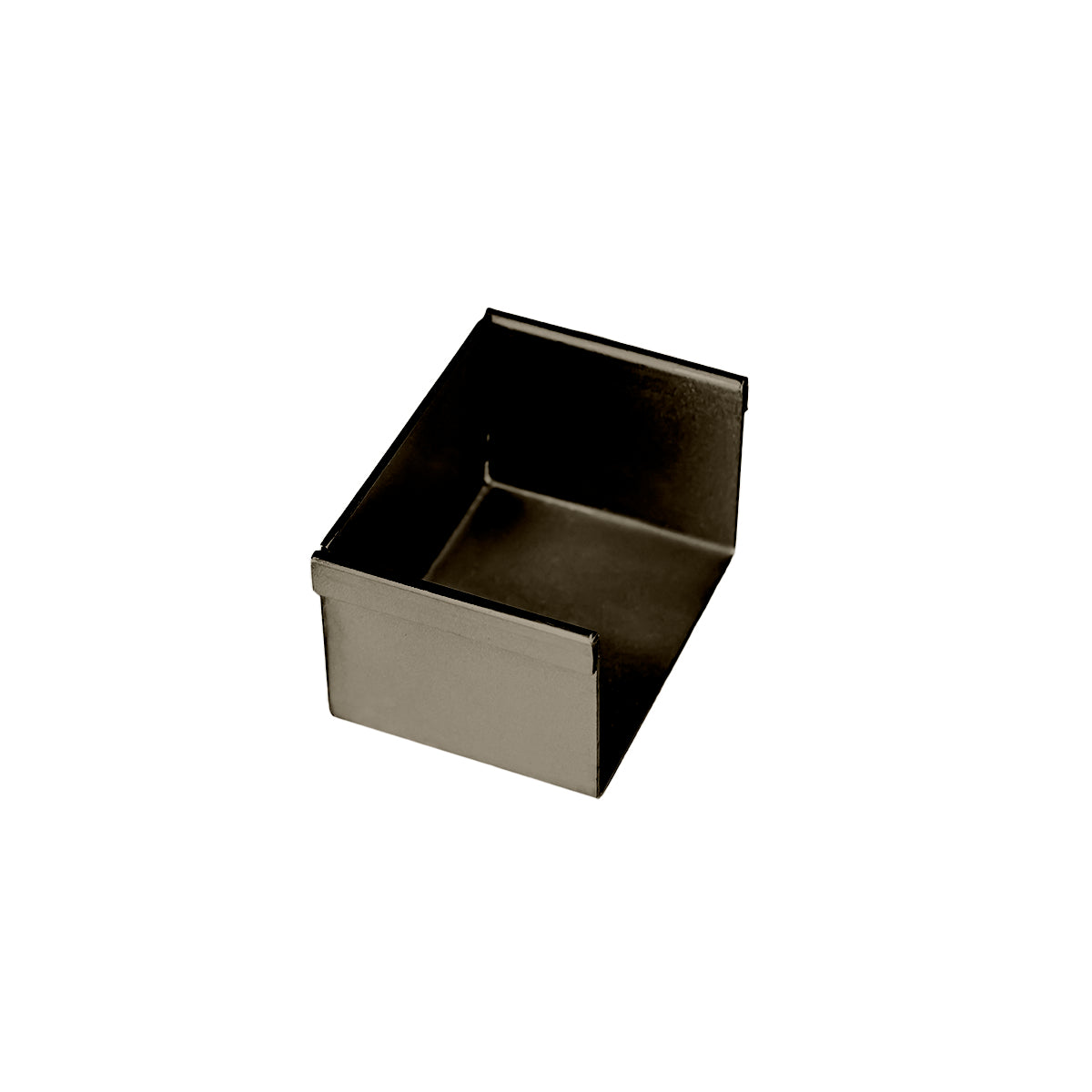 Oil rubbed bronze linear drain component with open rectangular basin and sloped interior surface.