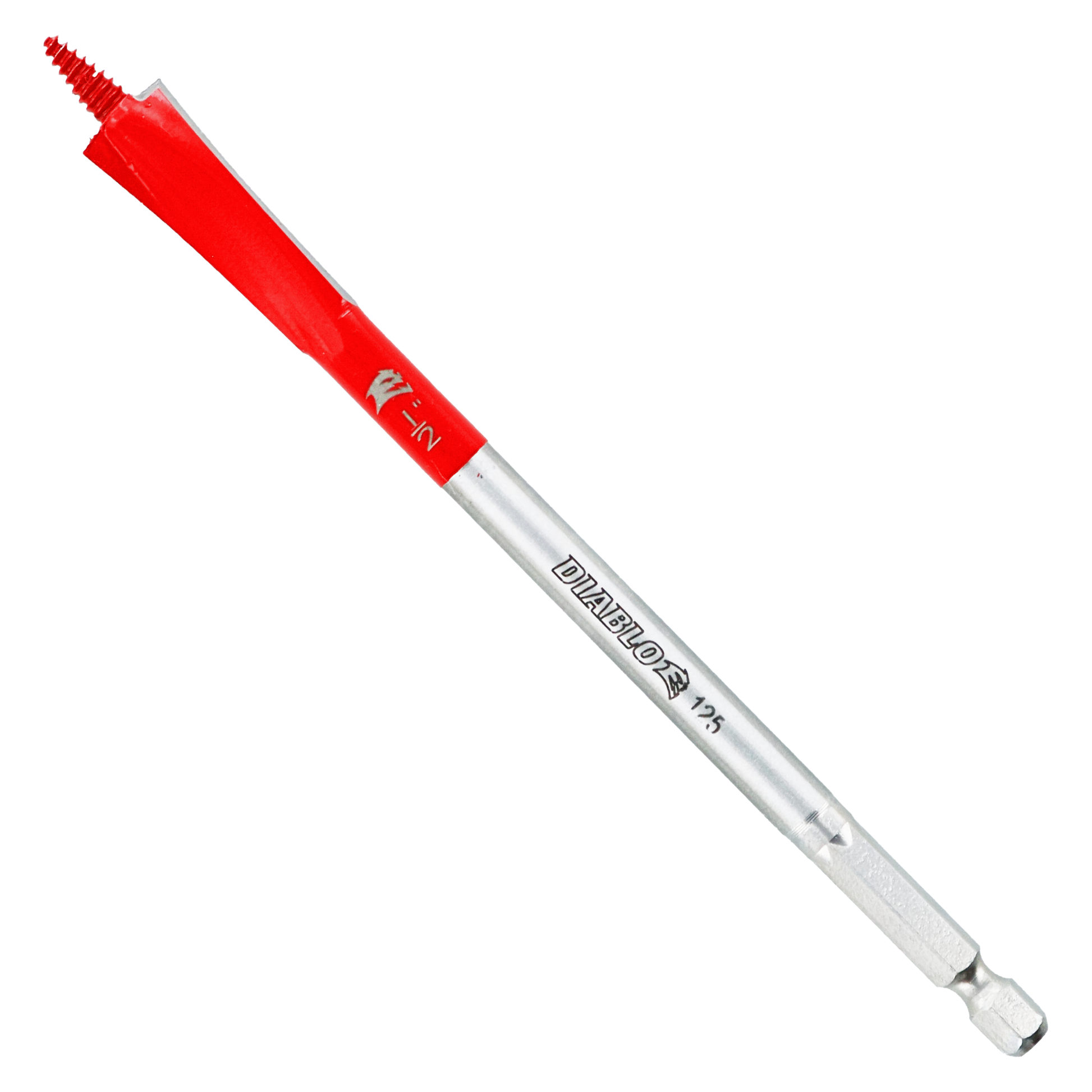 Red and silver spade bit with serrated edges and hex shank, labeled "Diablo Demo Demon."