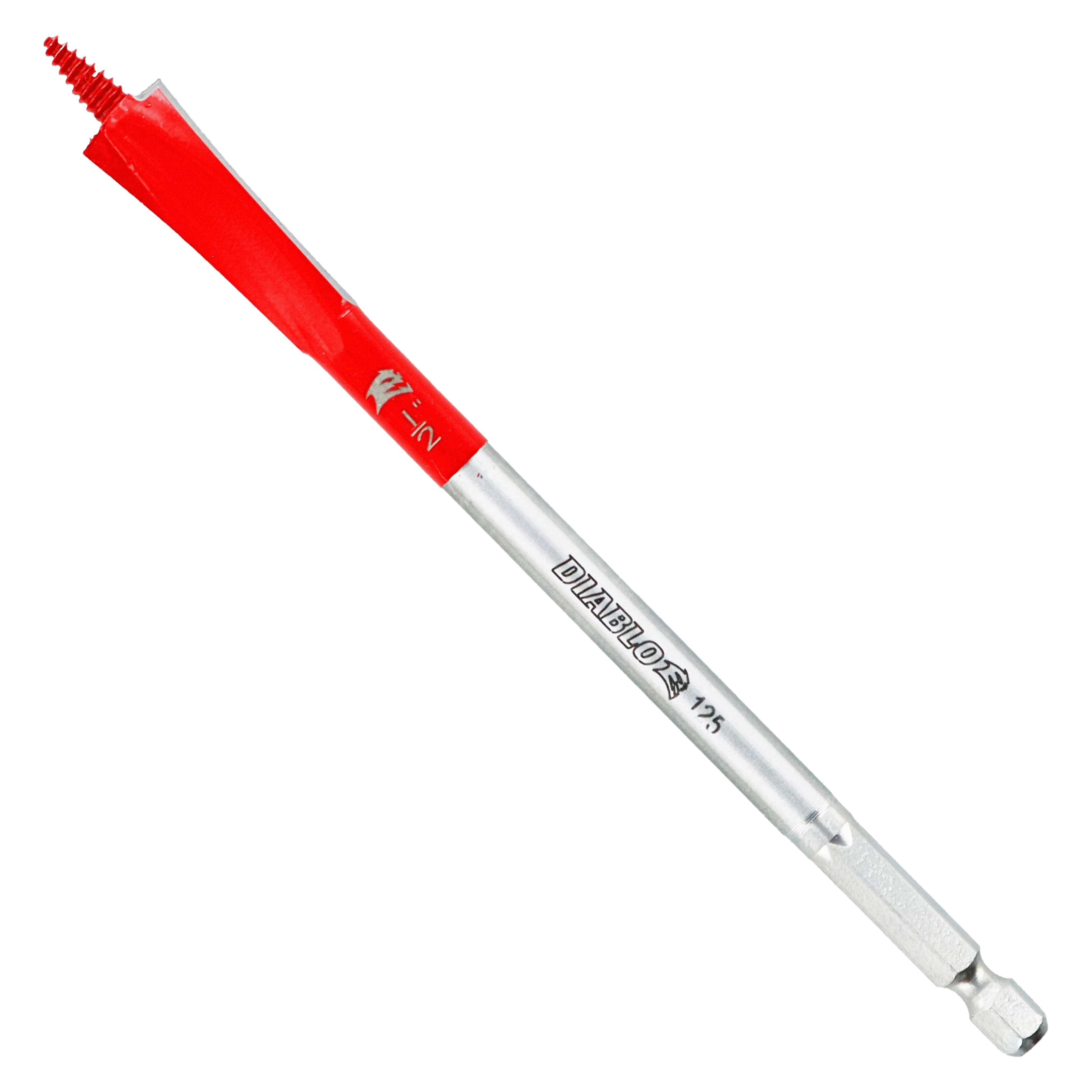 Red and silver spade bit with serrated edges and hex shank, labeled "Diablo Demo Demon."