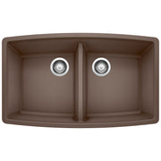 Cafe brown double bowl undermount kitchen sink with chrome drain strainers and center divider.