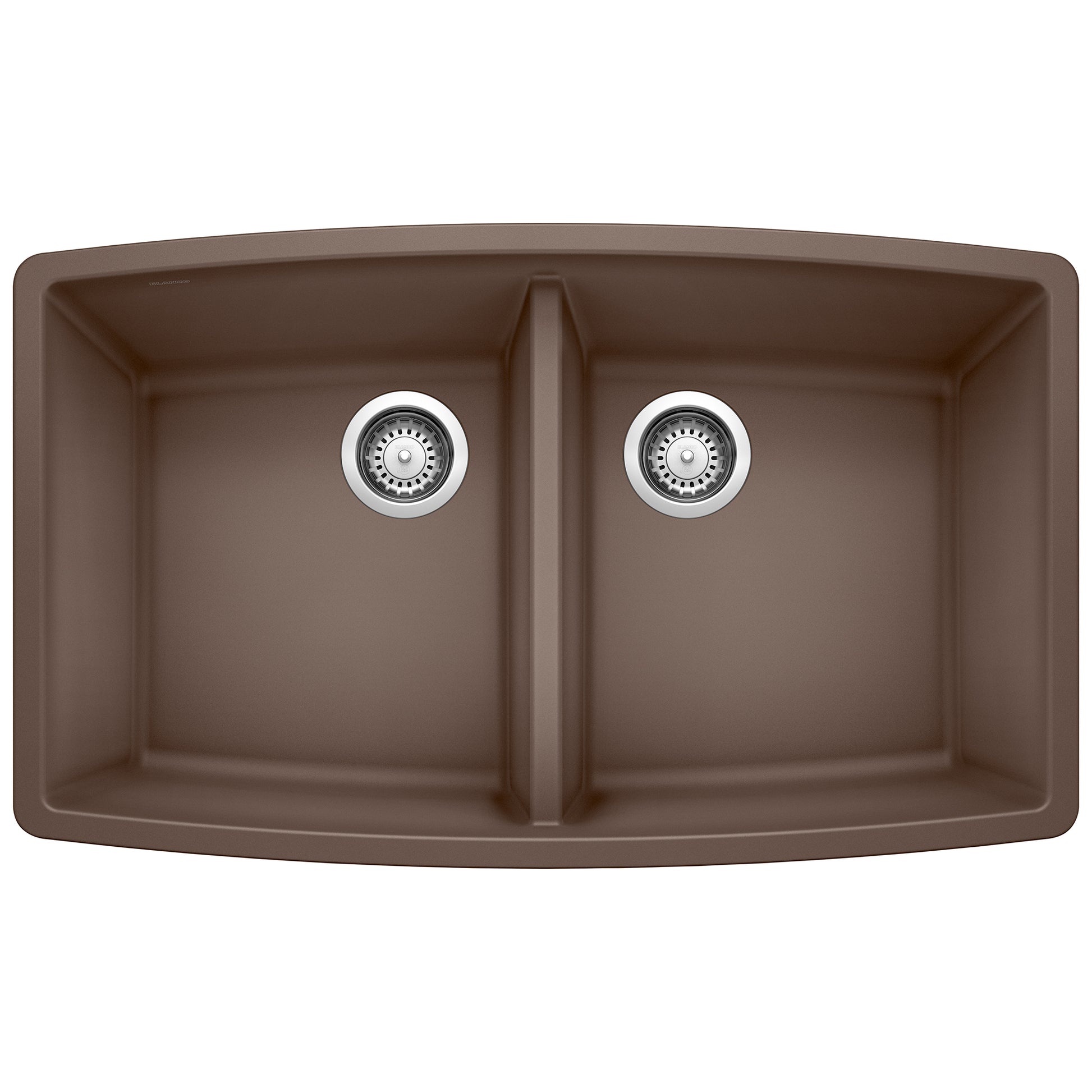 Cafe brown double bowl undermount kitchen sink with chrome drain strainers and center divider.