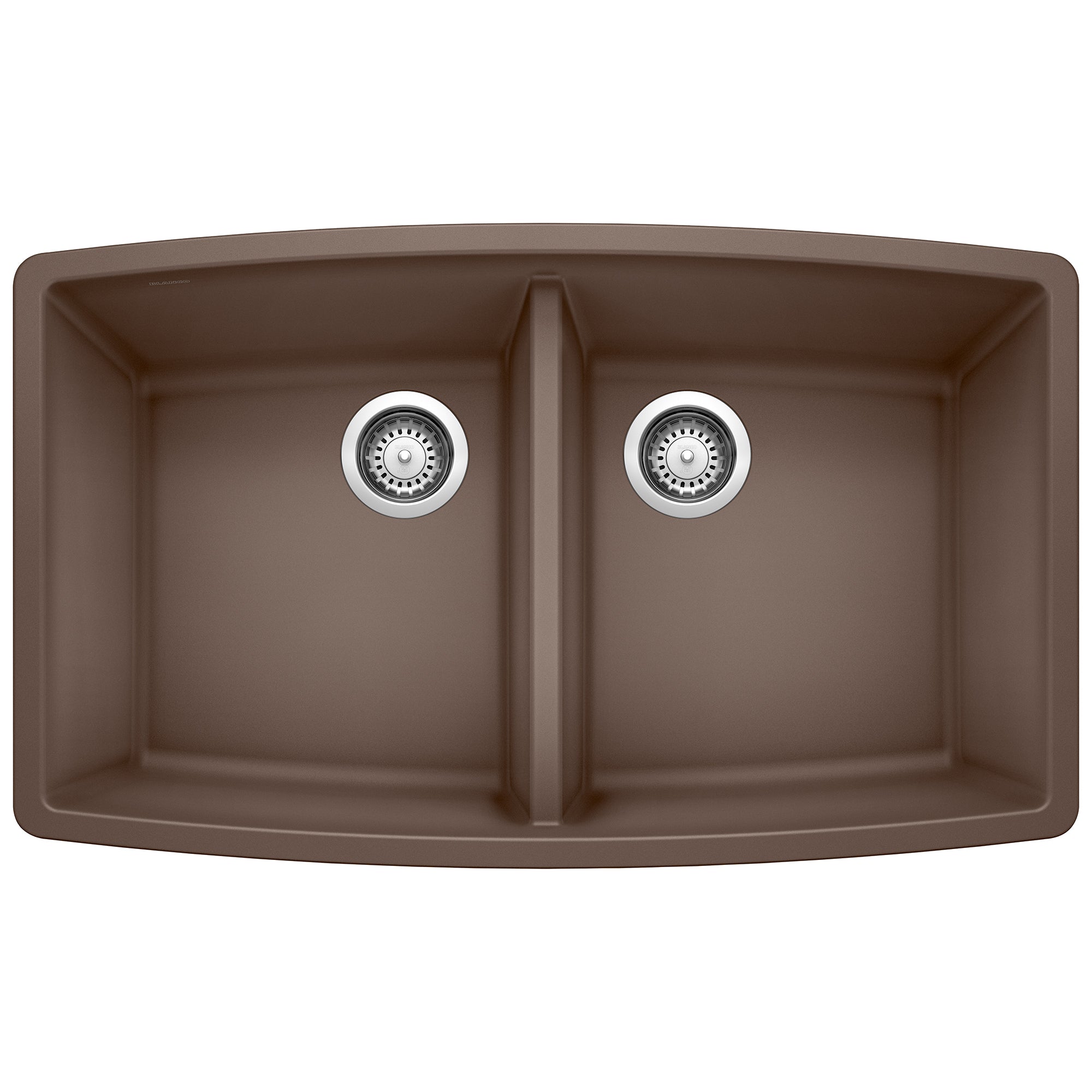 Cafe brown double bowl undermount kitchen sink with chrome drain strainers and center divider.