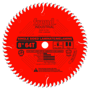 Red circular saw blade with 64 teeth, silver-gray tooth tips, white center hole, and black text labeling it as single-sided l