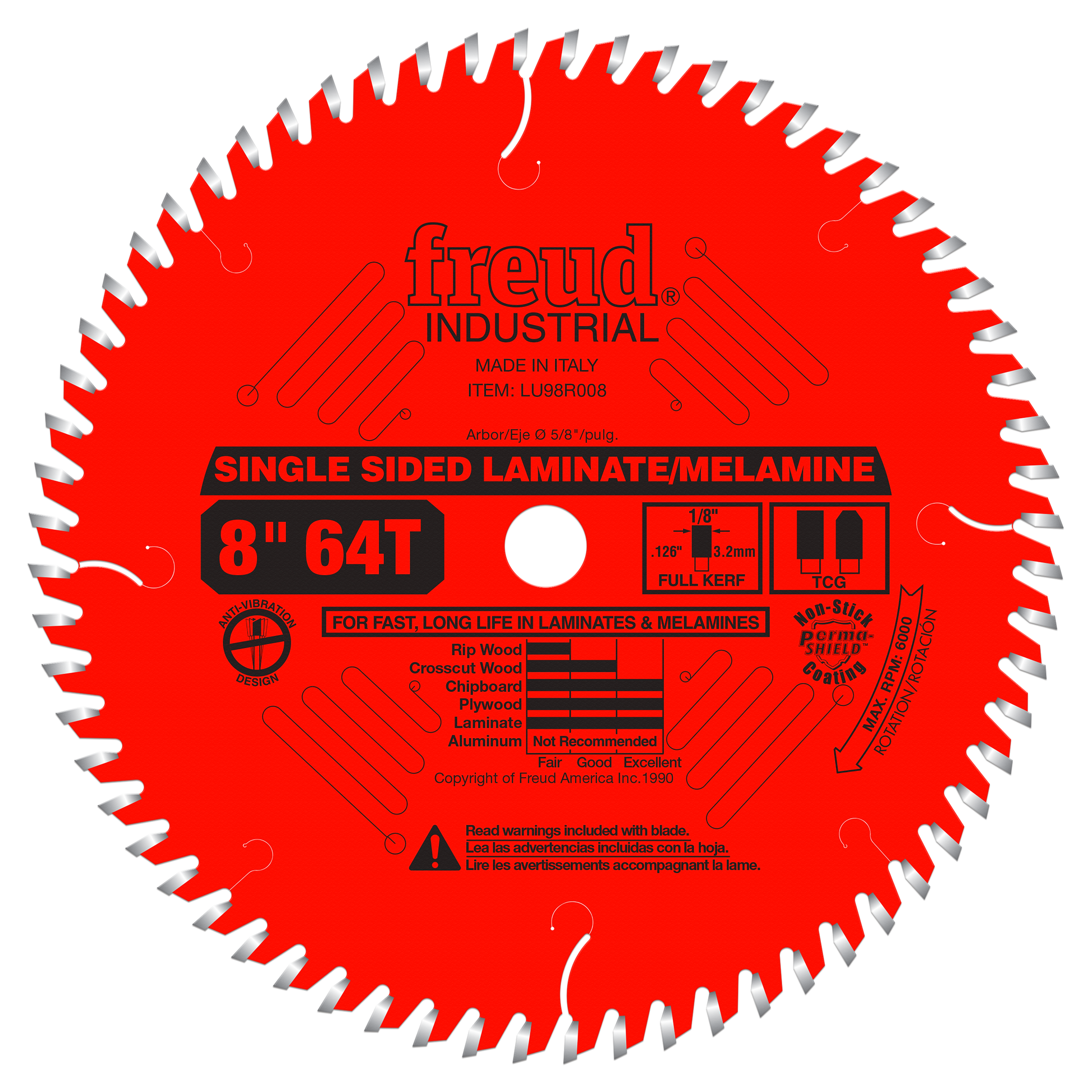Red circular saw blade with 64 teeth, silver-gray tooth tips, white center hole, and black text labeling it as single-sided l