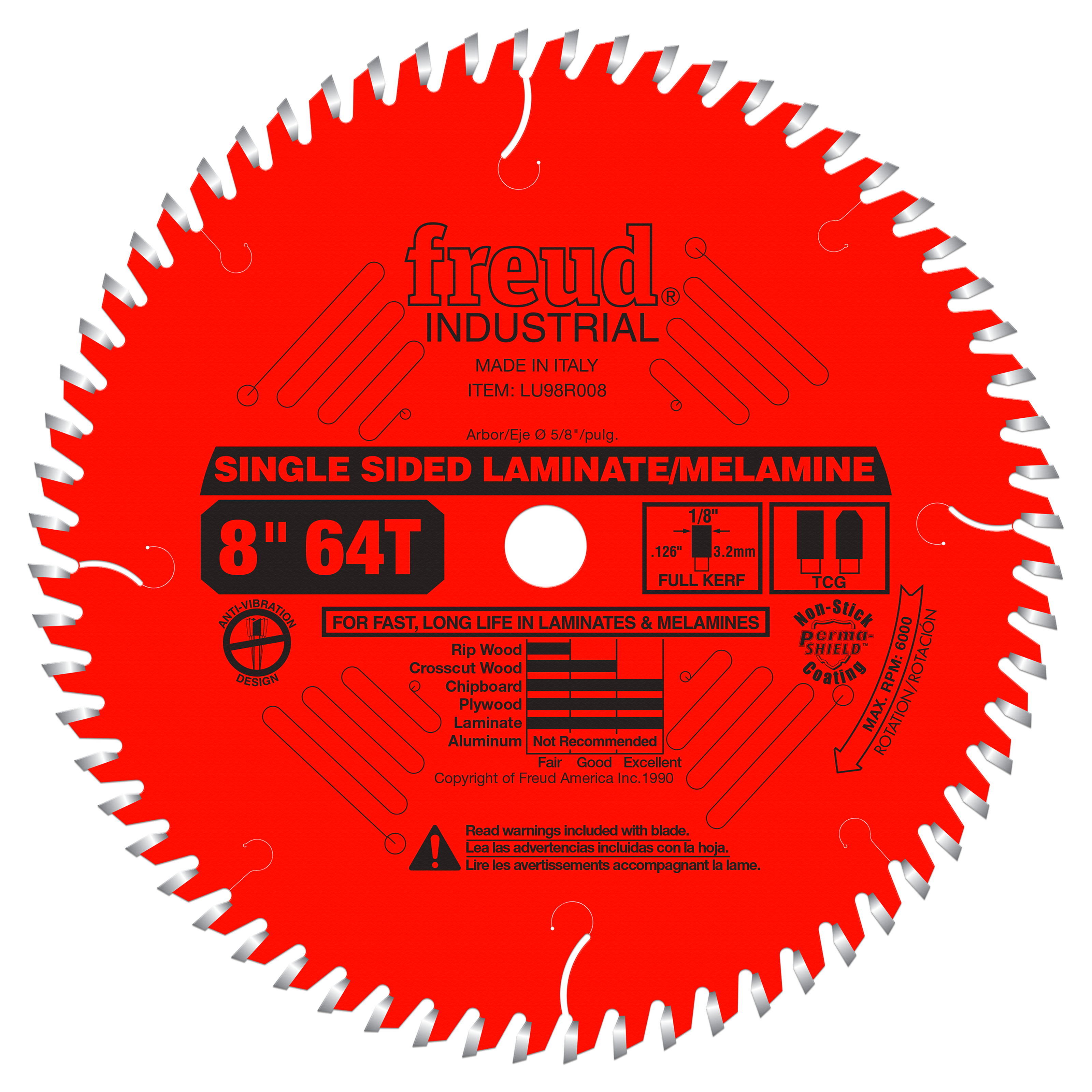Red circular saw blade with 64 teeth, silver-gray tooth tips, white center hole, and black text labeling it as single-sided l
