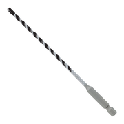Black and gray carbide-tipped hammer drill bit with spiral flutes and hexagonal shank.