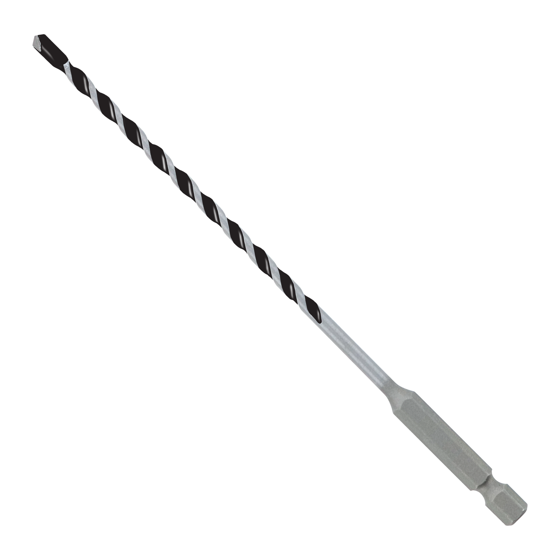 Black and gray carbide-tipped hammer drill bit with spiral flutes and hexagonal shank.