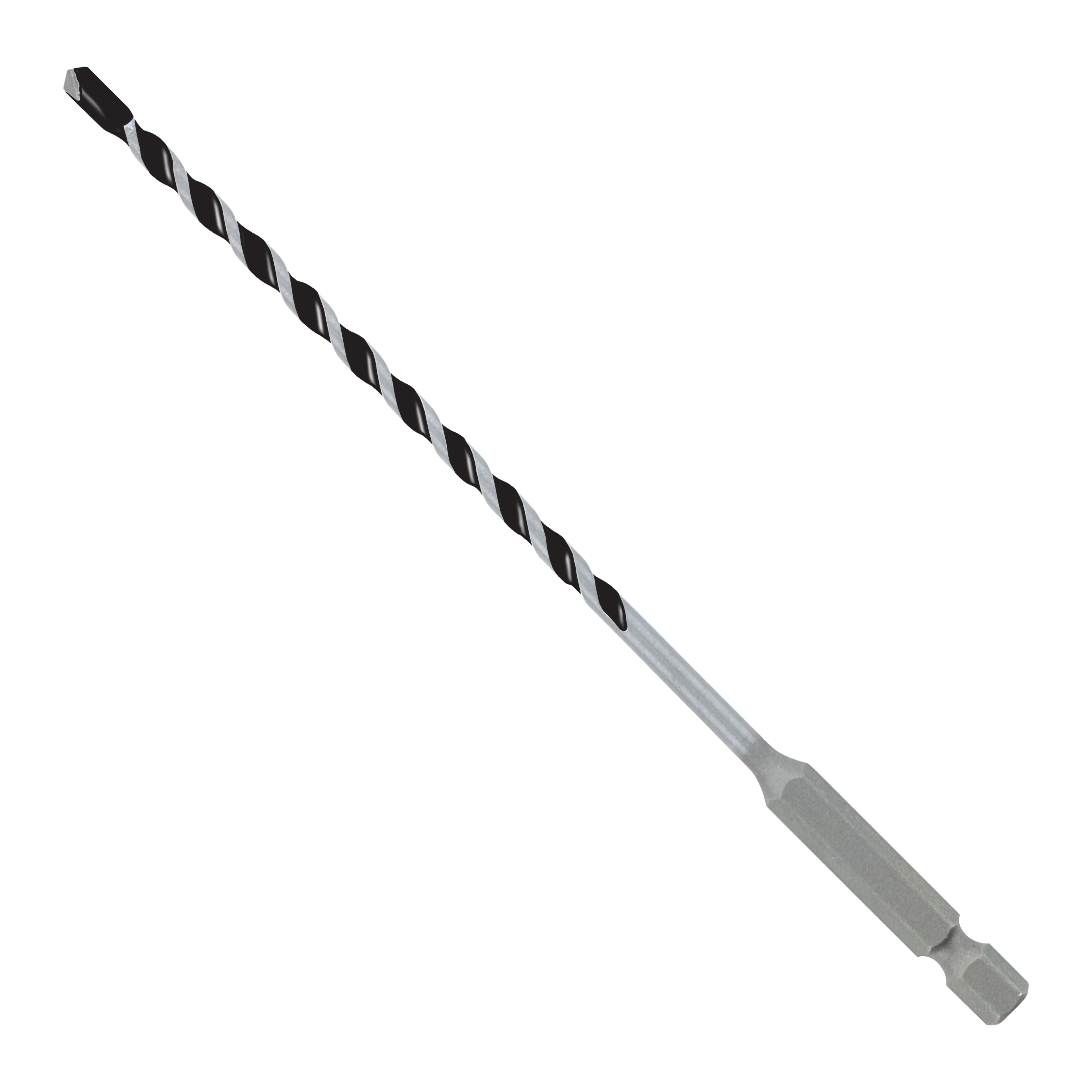 Black and gray carbide-tipped hammer drill bit with spiral flutes and hexagonal shank.