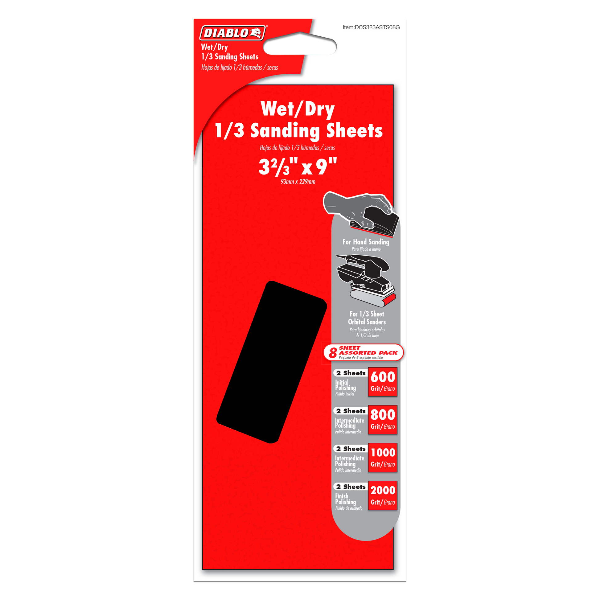 Eight assorted grit sanding sheets in 3⅝" x 9" size with red packaging displaying grit levels 600, 800, 1000, and 2000.
