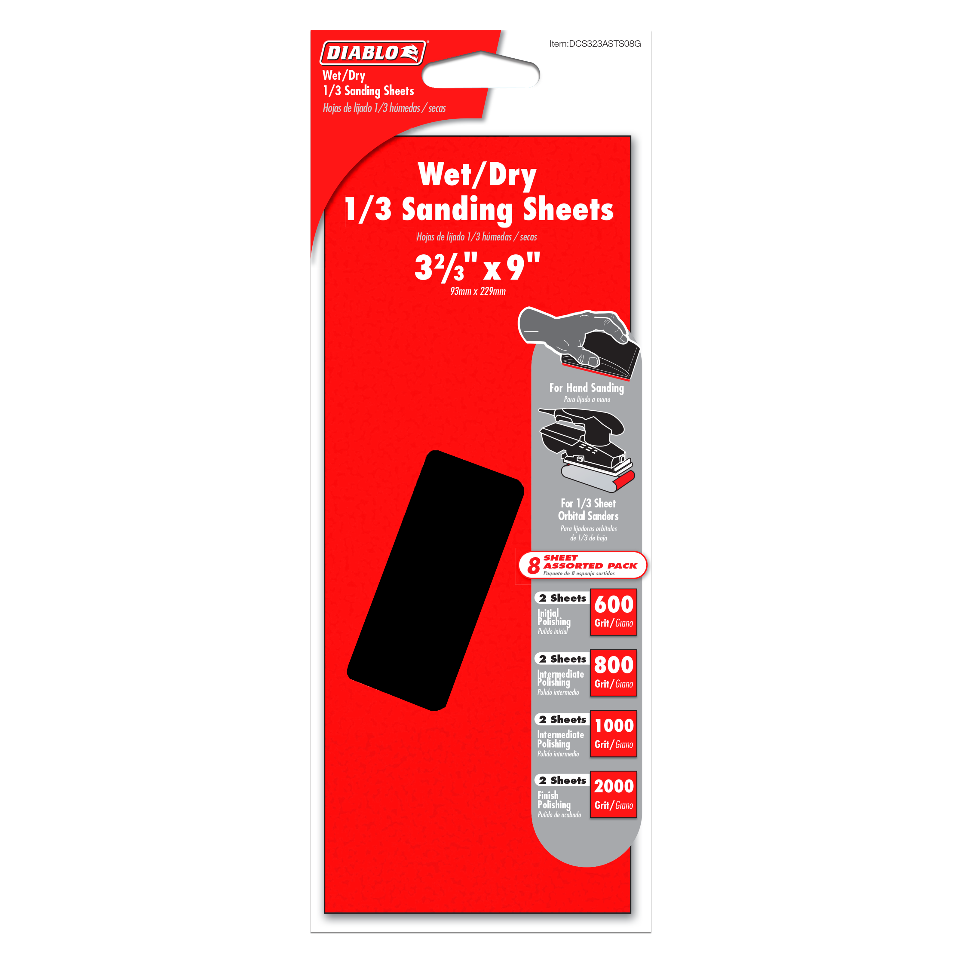 Eight assorted grit sanding sheets in 3⅝" x 9" size with red packaging displaying grit levels 600, 800, 1000, and 2000.