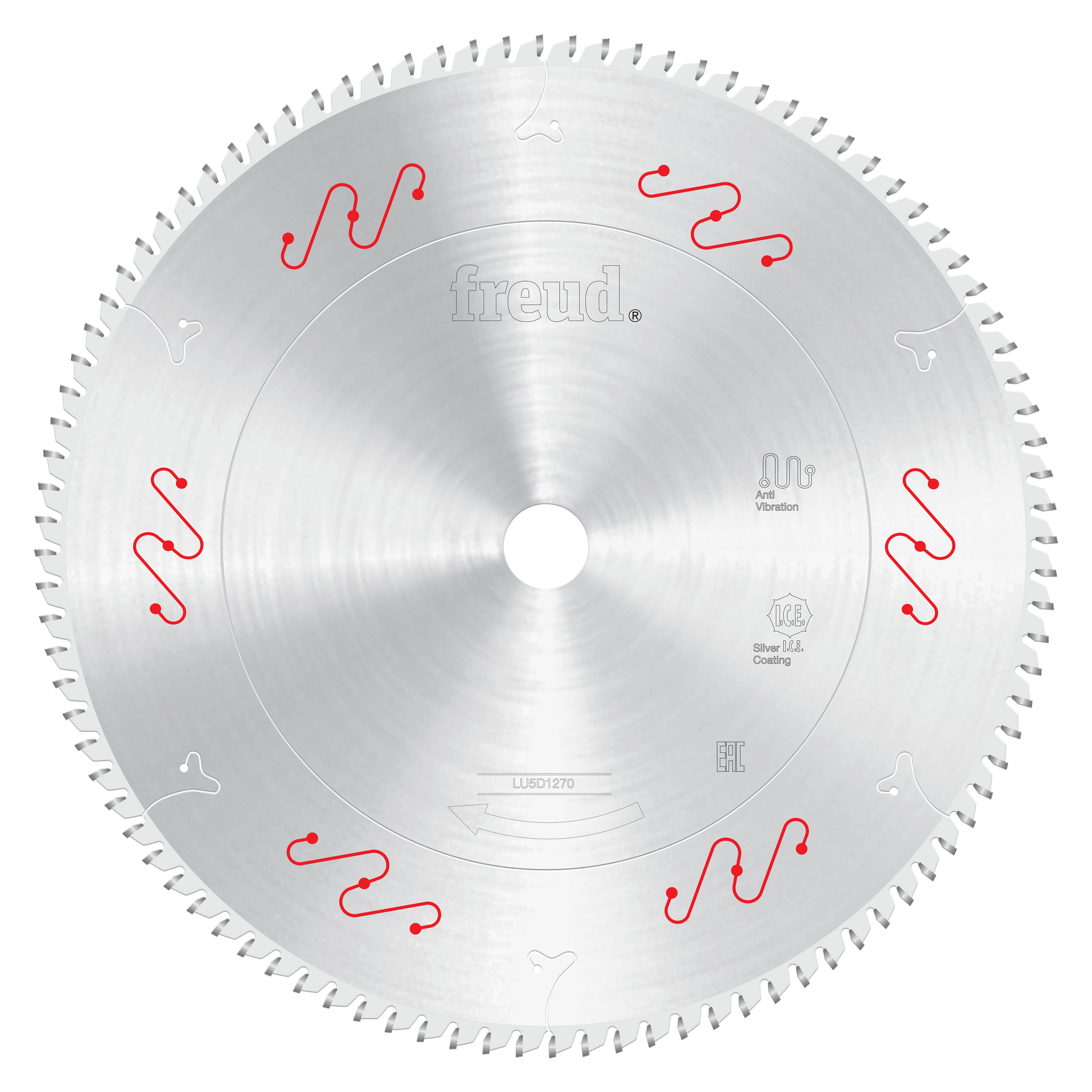 Silver circular saw blade with carbide-tipped teeth around the edge and red wavy markings on the face.