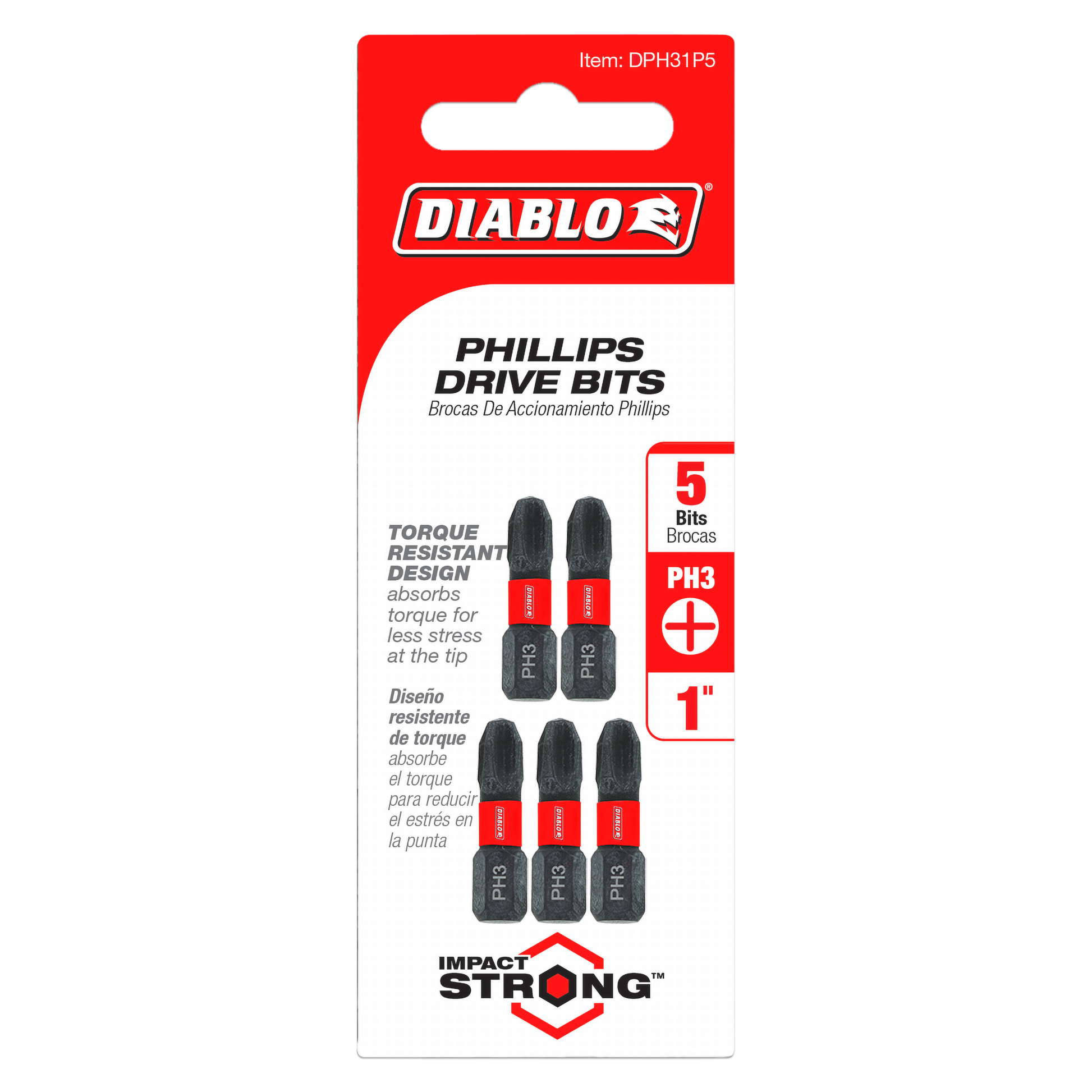 Five 1-inch Phillips #3 drive bits with red and black hex shanks displayed on red and white packaging.