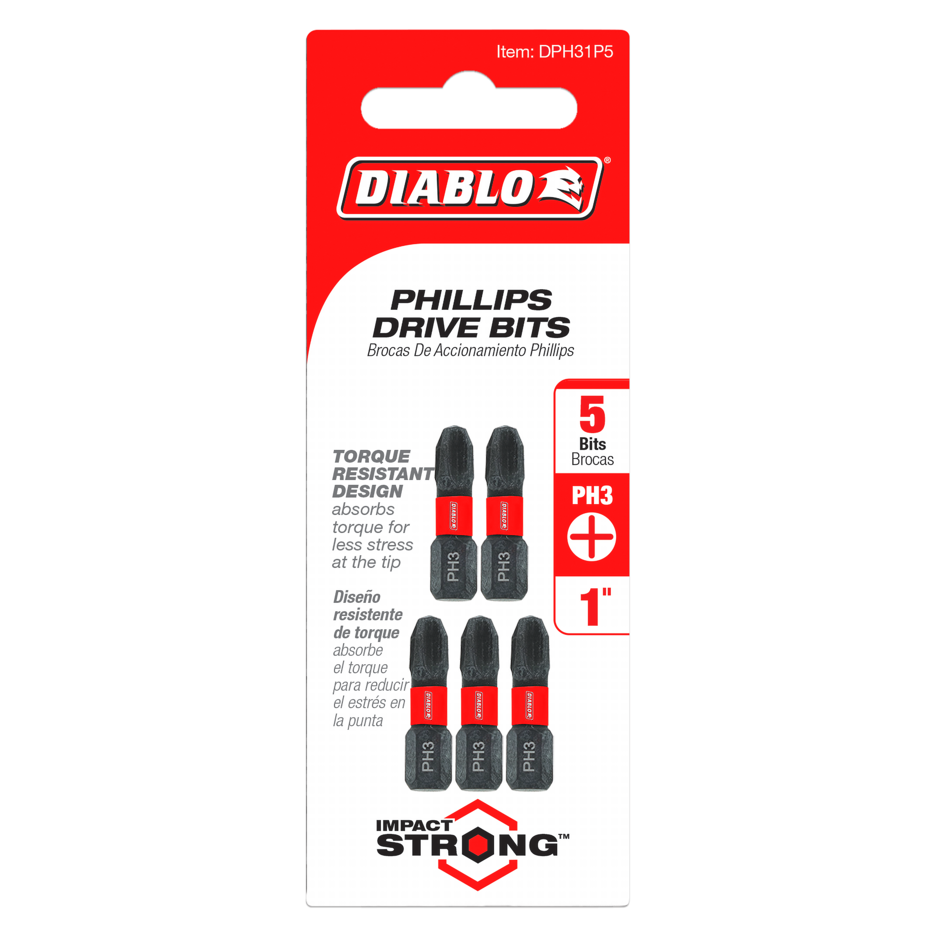 Five 1-inch Phillips #3 drive bits with red and black hex shanks displayed on red and white packaging.