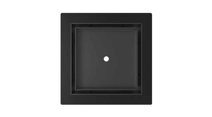 Matte black square drain cover with center drain opening and recessed frame design.