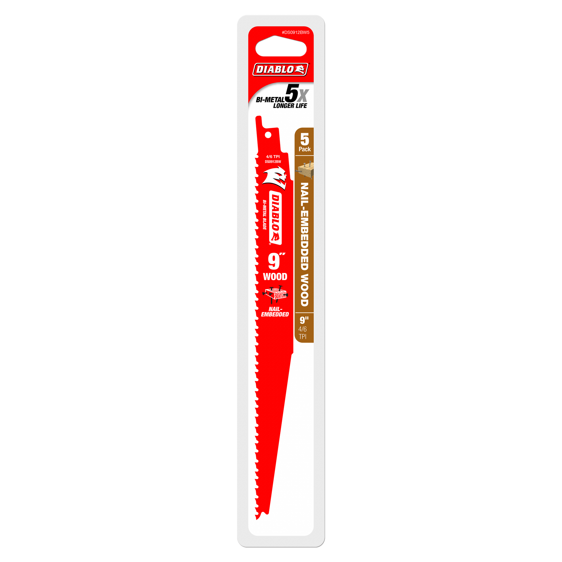 Five Diablo 9-inch bi-metal reciprocating saw blades with serrated edges in red packaging.