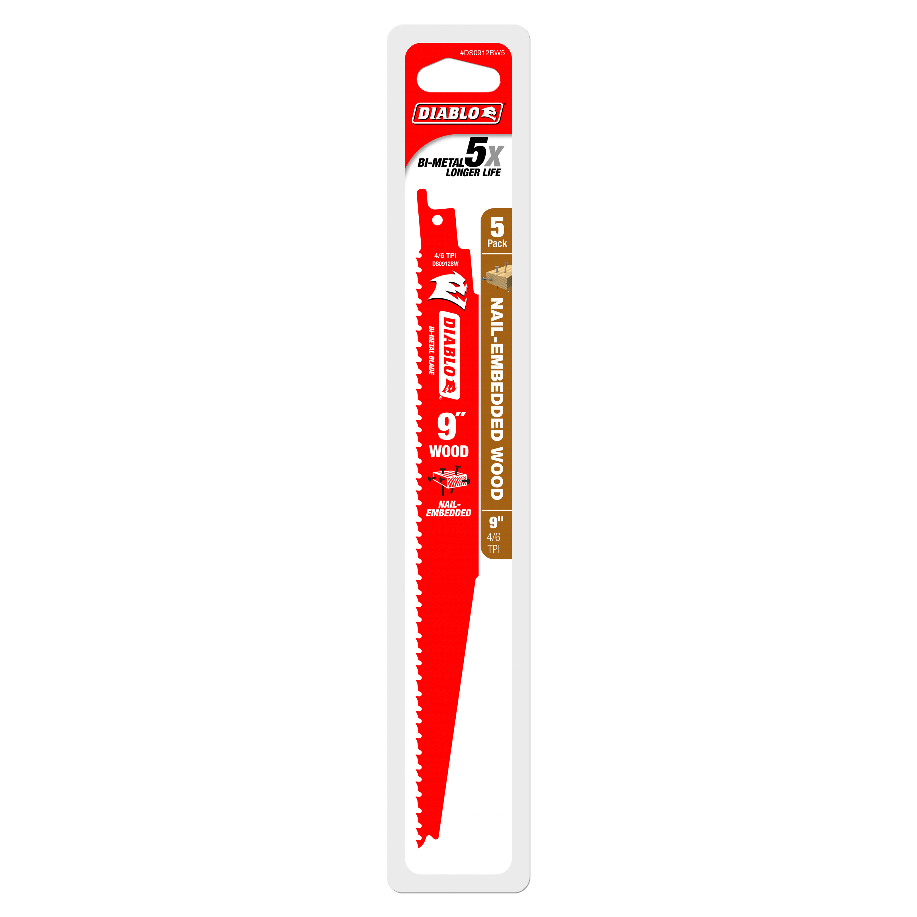 Five Diablo 9-inch bi-metal reciprocating saw blades with serrated edges in red packaging.