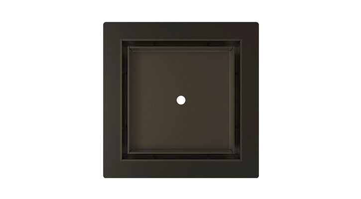Square oil rubbed bronze drain cover with center opening and recessed frame design.