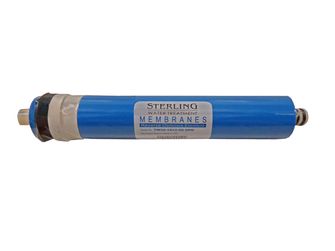 Blue cylindrical RO filter cartridge with Sterling branding and membrane label, metal end connectors.