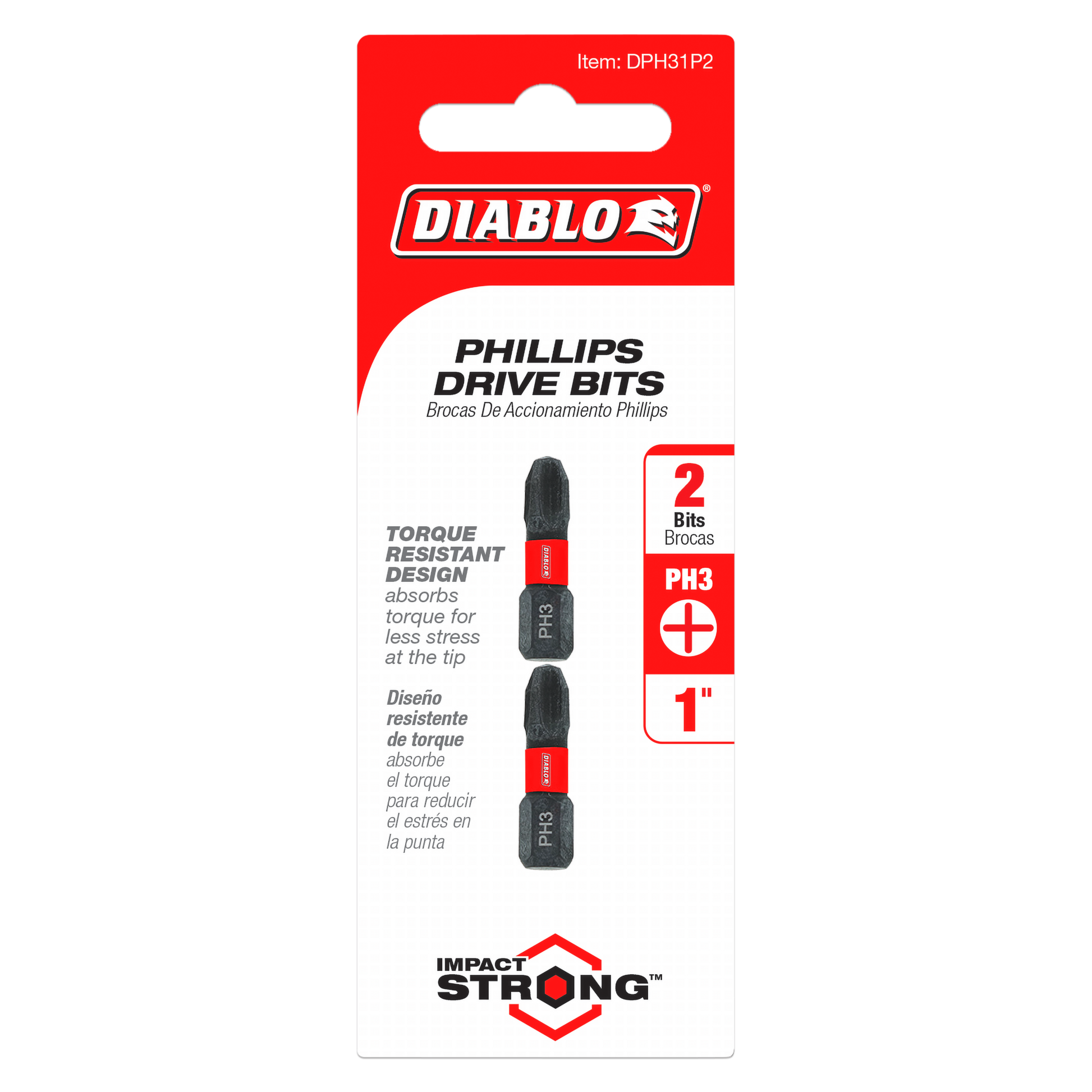 Two black and red 1-inch Phillips #3 drive bits in Diablo packaging with torque-resistant design.