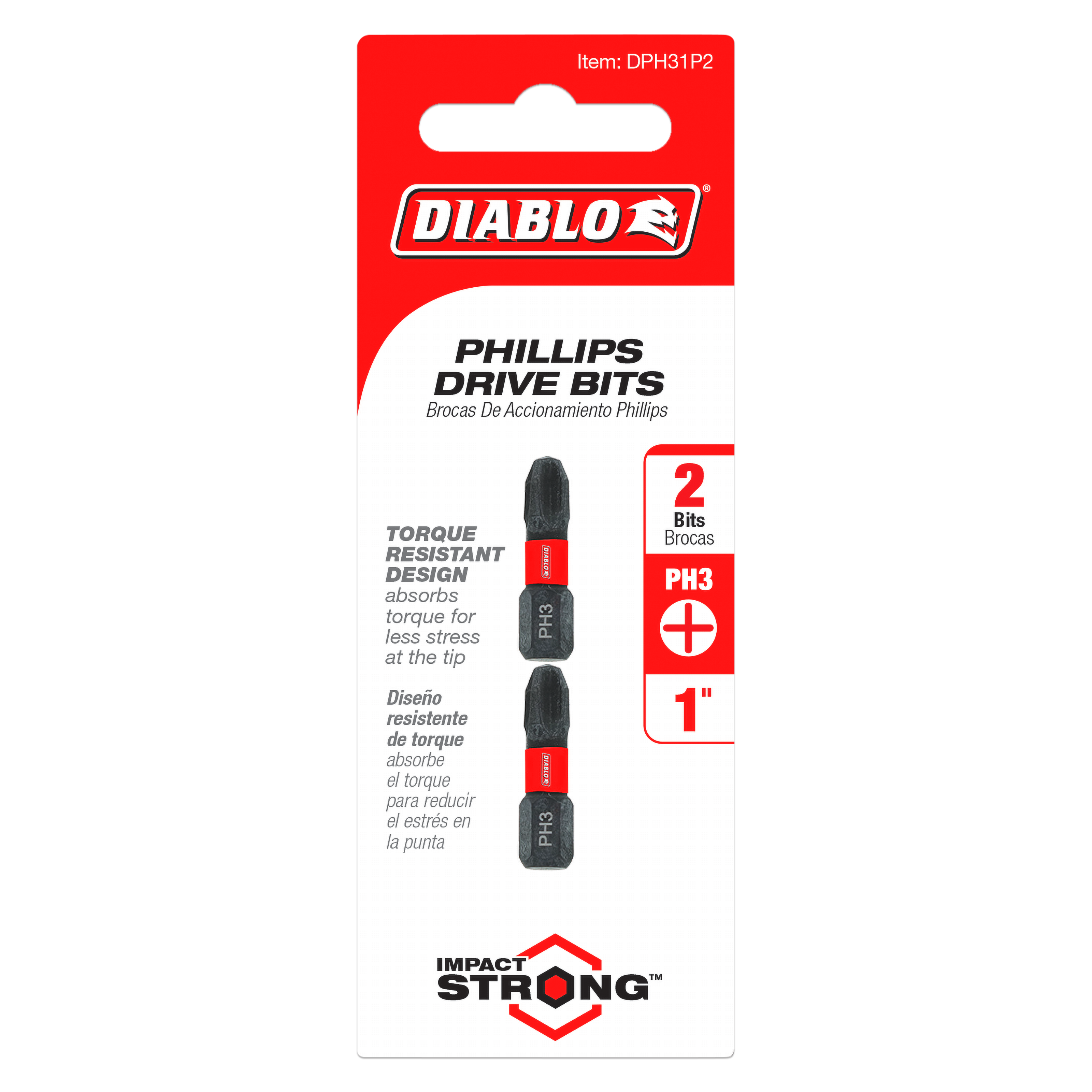 Two black and red 1-inch Phillips #3 drive bits in Diablo packaging with torque-resistant design.
