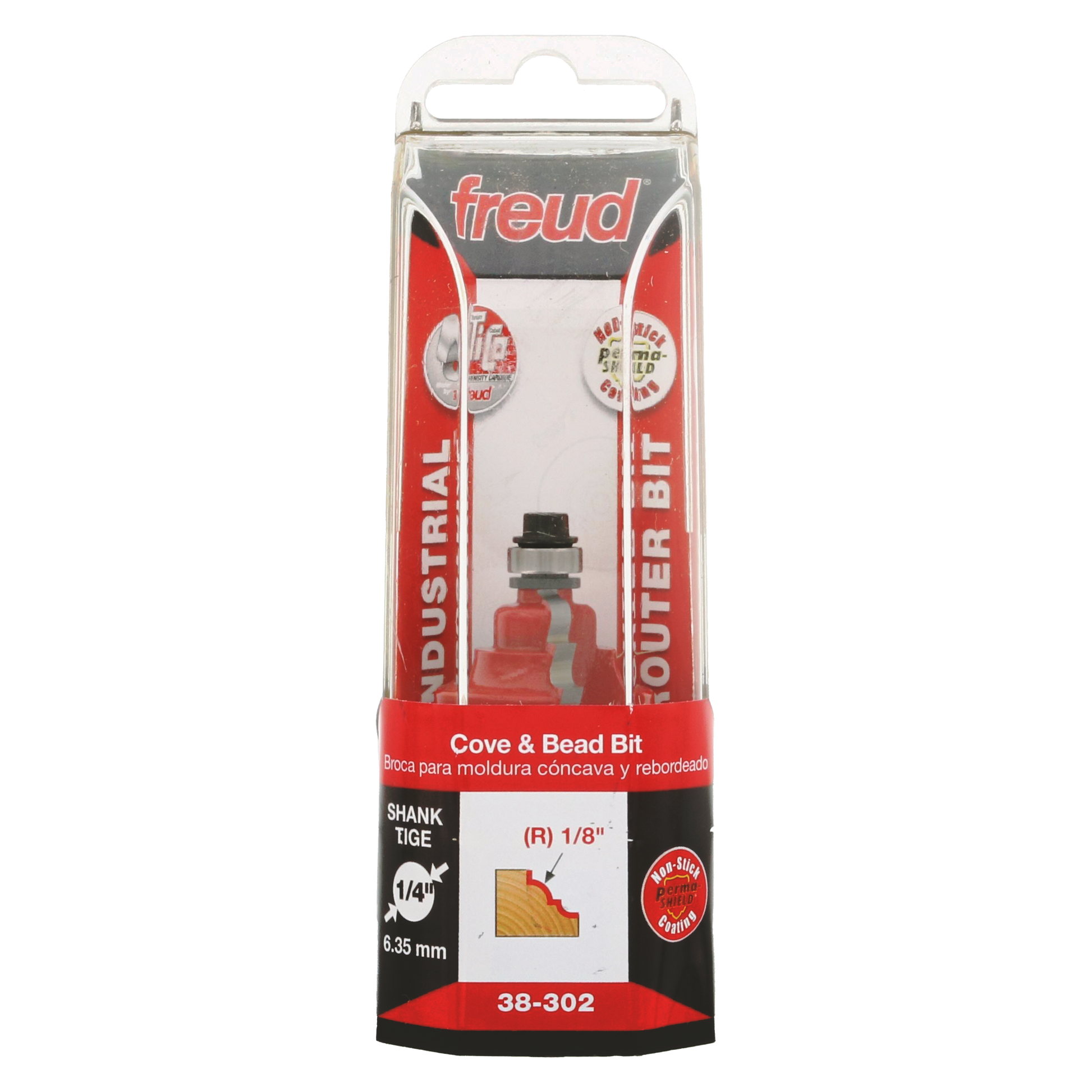 Red Freud cove and bead router bit with 1/4" shank in clear plastic clamshell packaging.