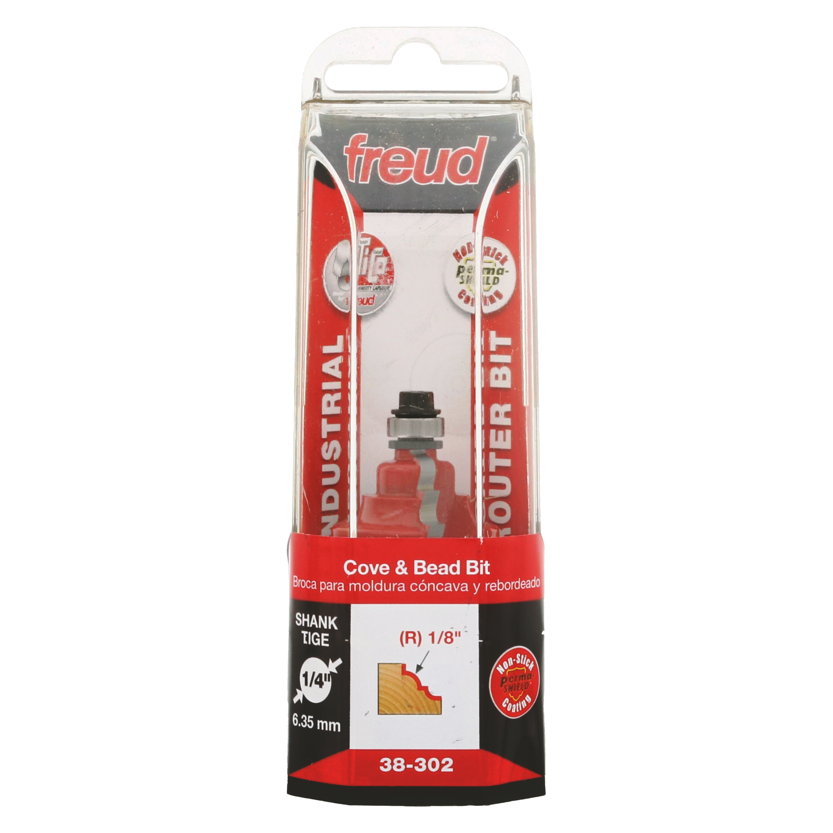 Red Freud cove and bead router bit with 1/4" shank in clear plastic clamshell packaging.