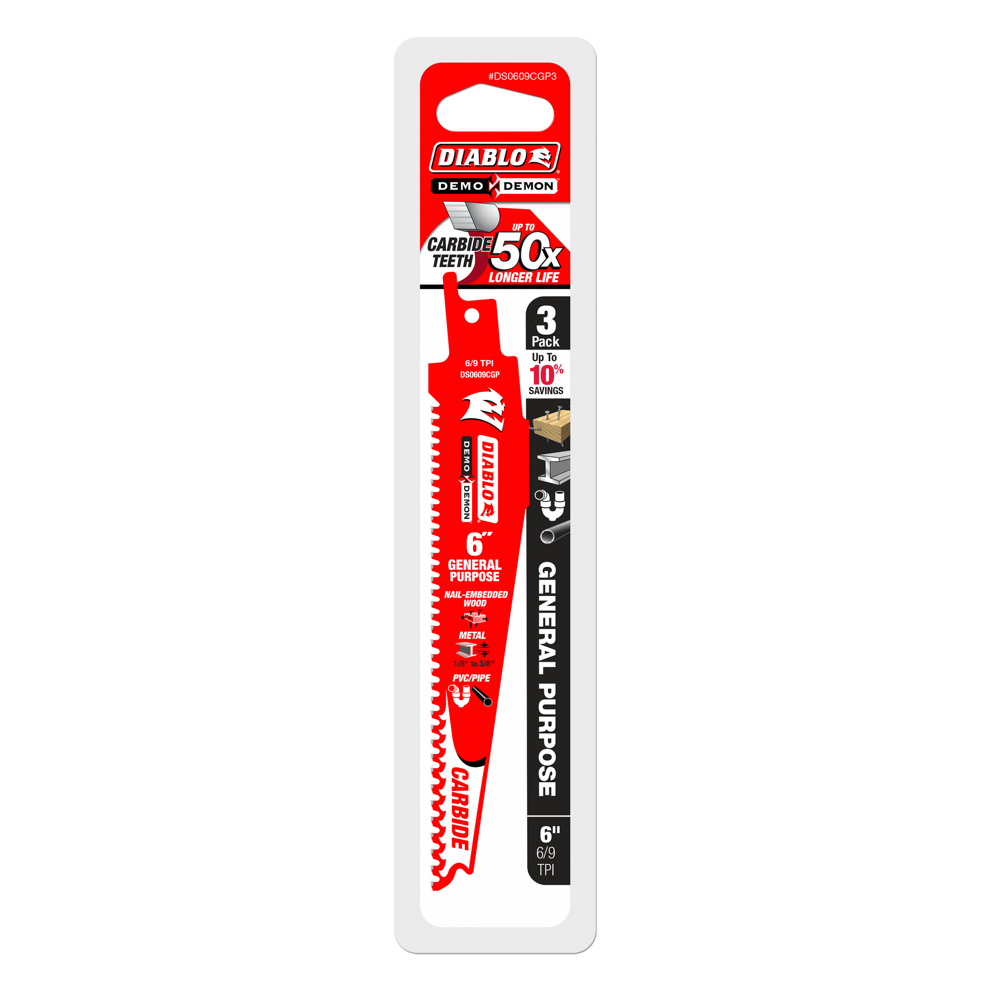 Three red Diablo Demo Demon 6-inch carbide reciprocating saw blades with serrated edges on white packaging card.