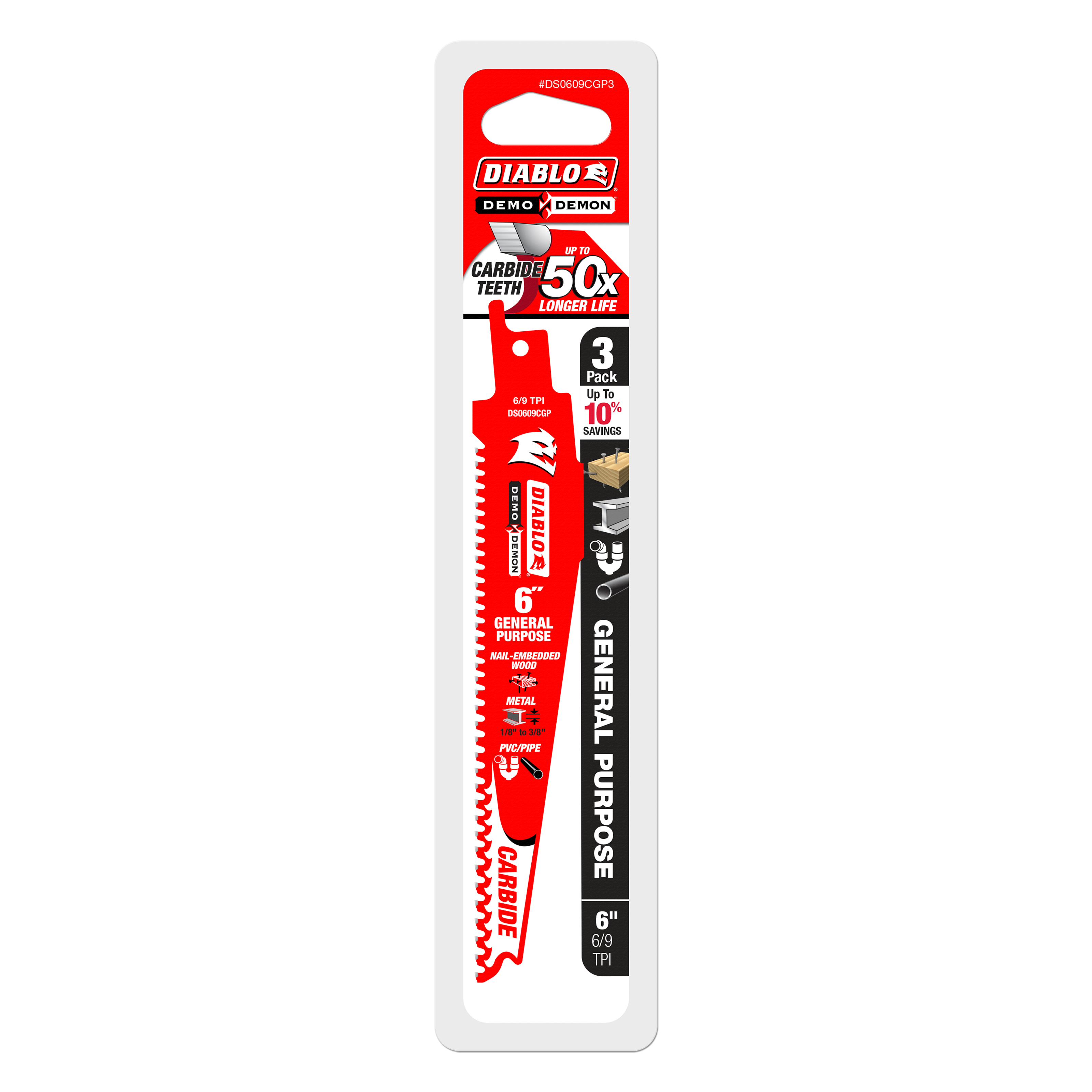 Three red Diablo Demo Demon 6-inch carbide reciprocating saw blades with serrated edges on white packaging card.