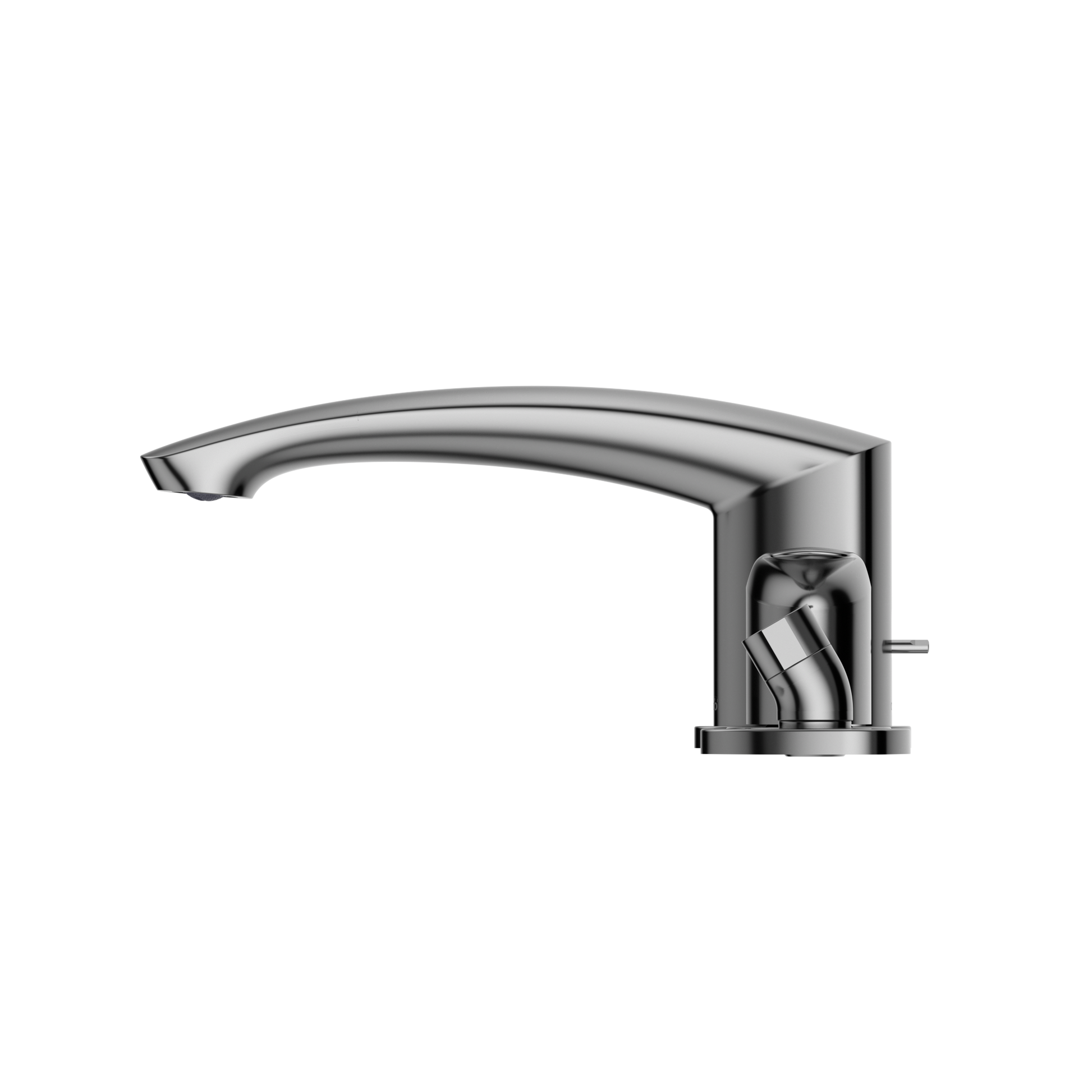 Polished chrome deck-mount roman tub filler with curved spout, two handles, and detachable handshower.