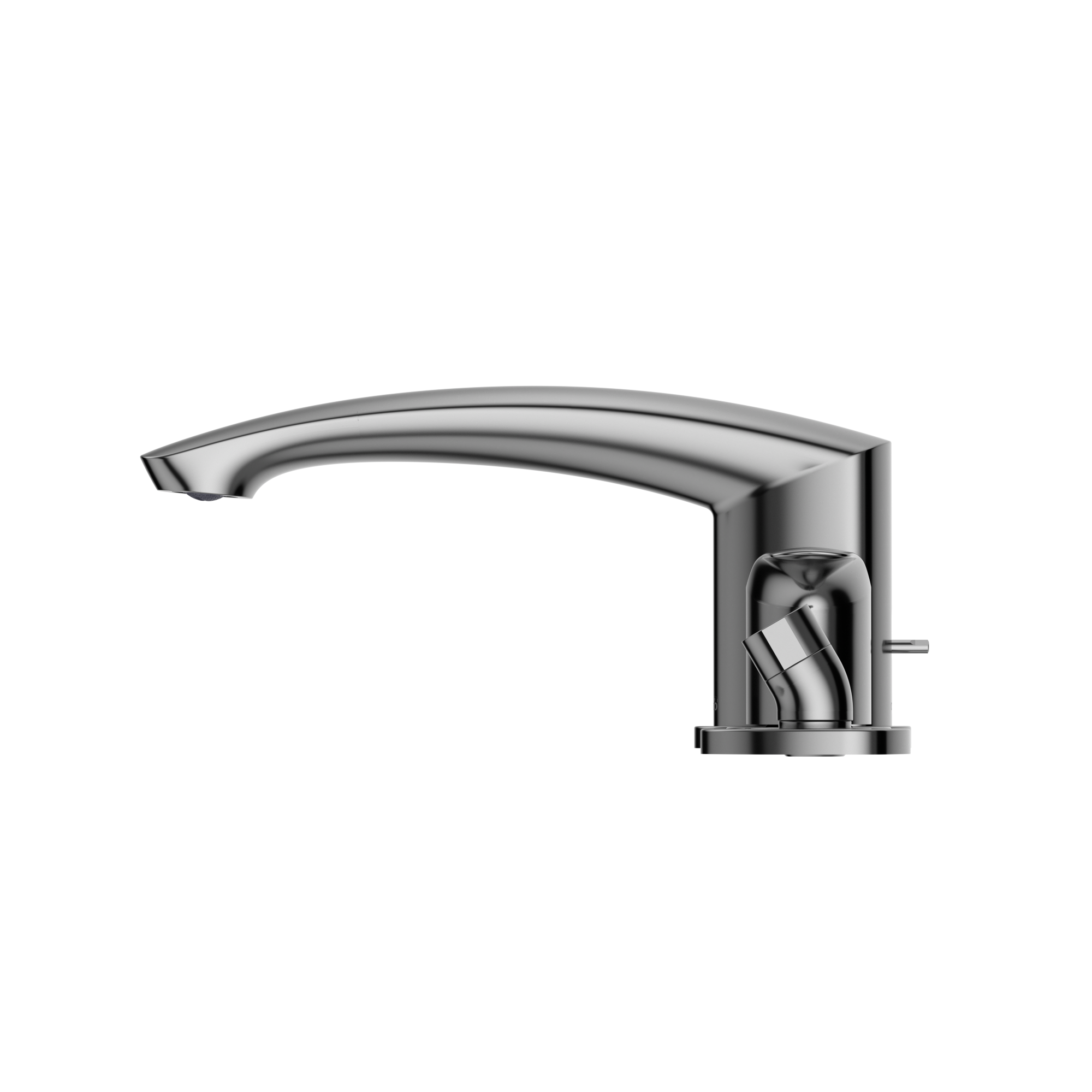 Polished chrome deck-mount roman tub filler with curved spout, two handles, and detachable handshower.