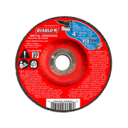 Diablo 4-inch metal grinding disc with red label, center arbor hole, and dark abrasive surface for angle grinders.