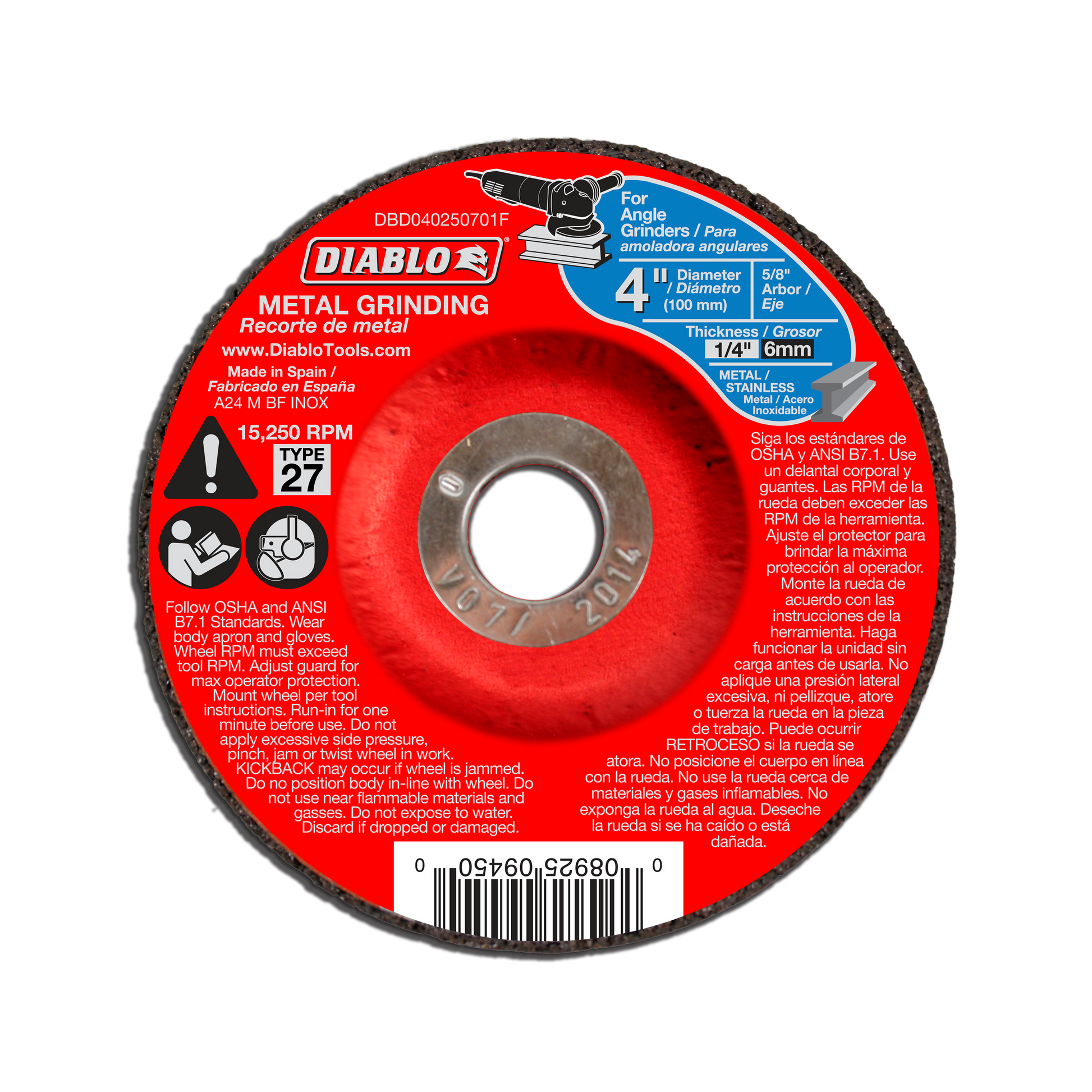 Diablo 4-inch metal grinding disc with red label, center arbor hole, and dark abrasive surface for angle grinders.
