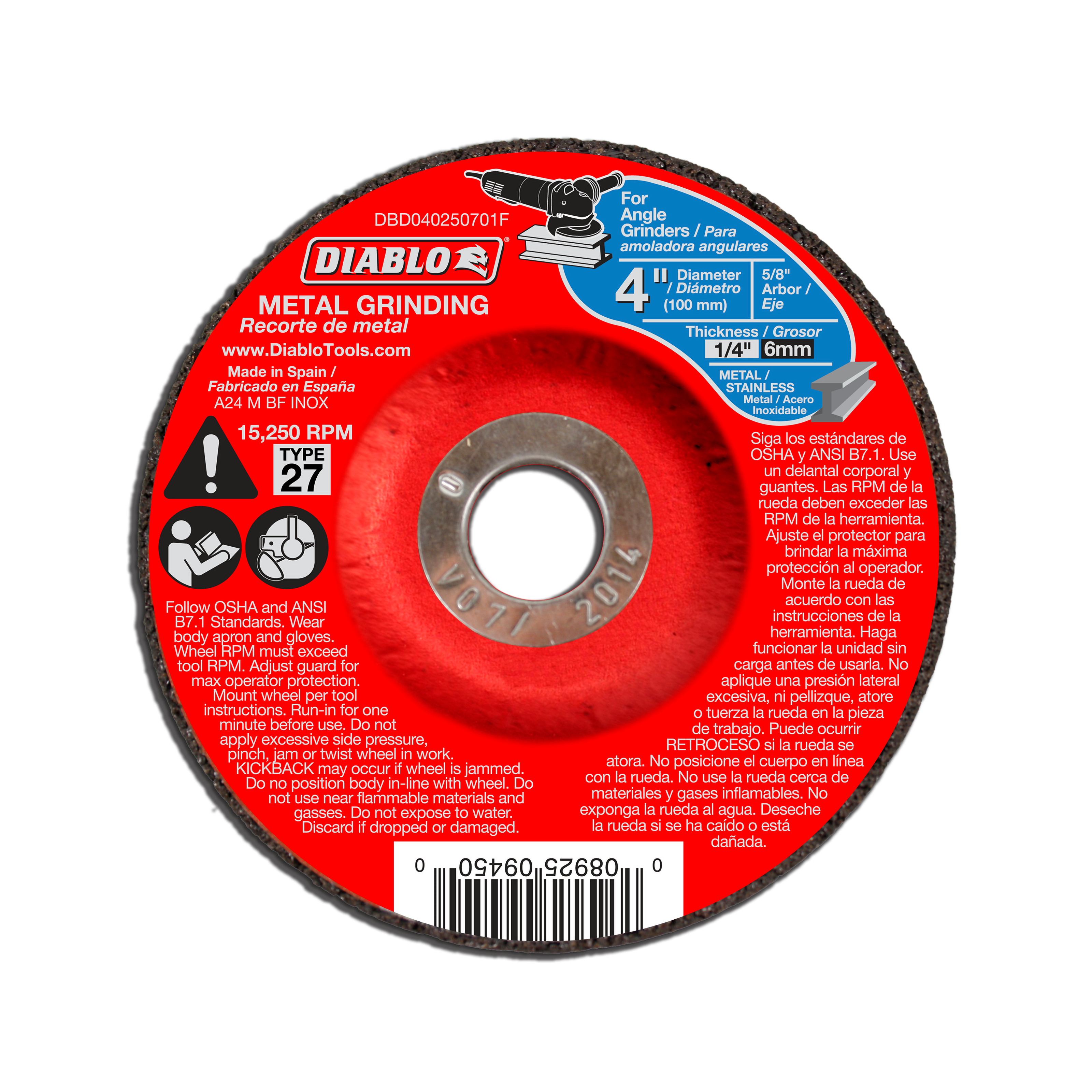 Diablo 4-inch metal grinding disc with red label, center arbor hole, and dark abrasive surface for angle grinders.