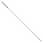 Long silver drill bit with twisted flutes and pointed tip on white background.