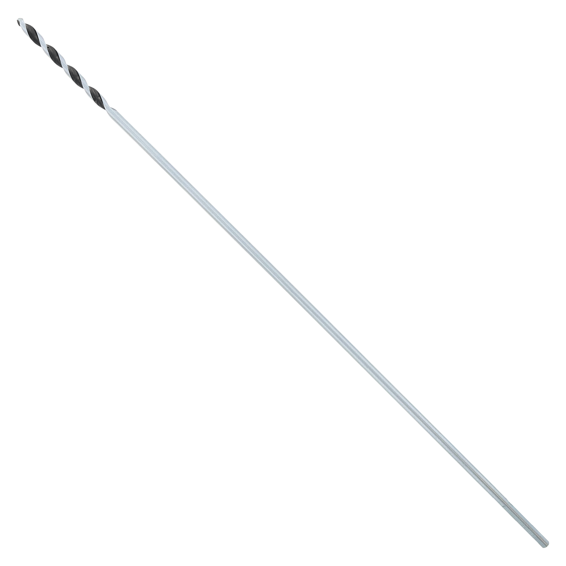 Long silver drill bit with twisted flutes and pointed tip on white background.