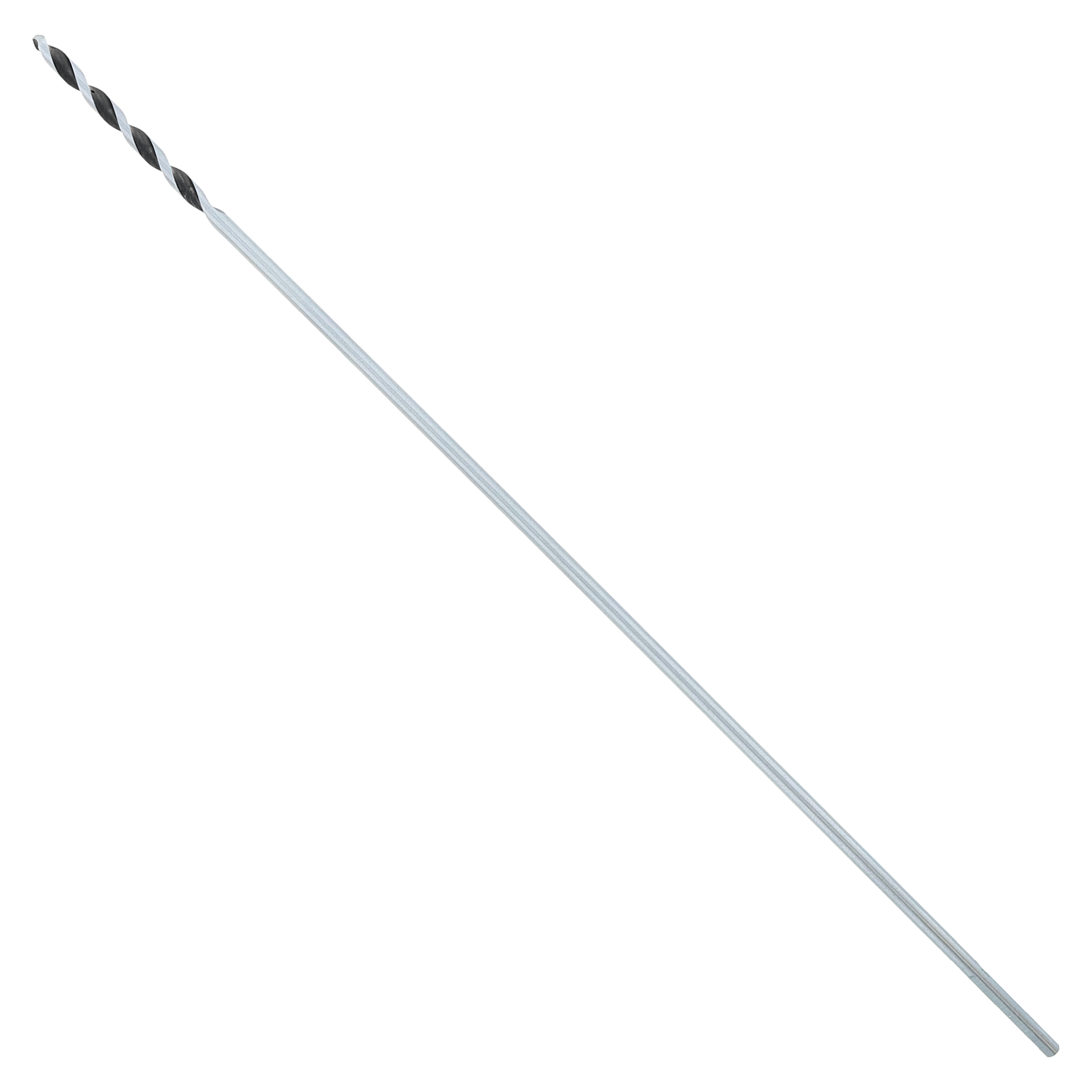 Long silver drill bit with twisted flutes and pointed tip on white background.