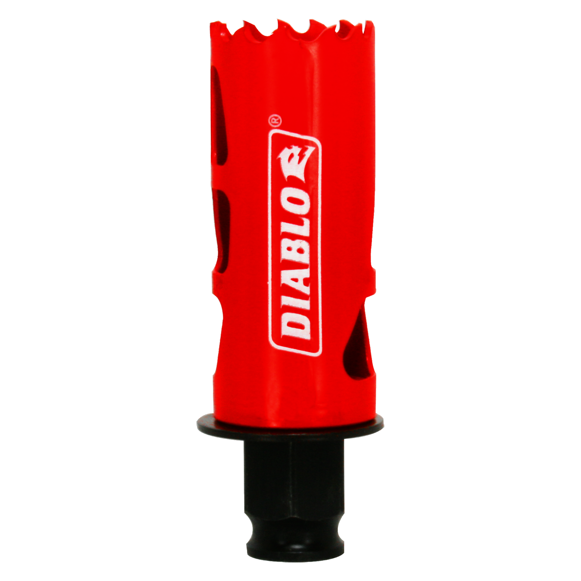 Red Diablo hole saw with serrated cutting edges and black arbor shaft against white background.