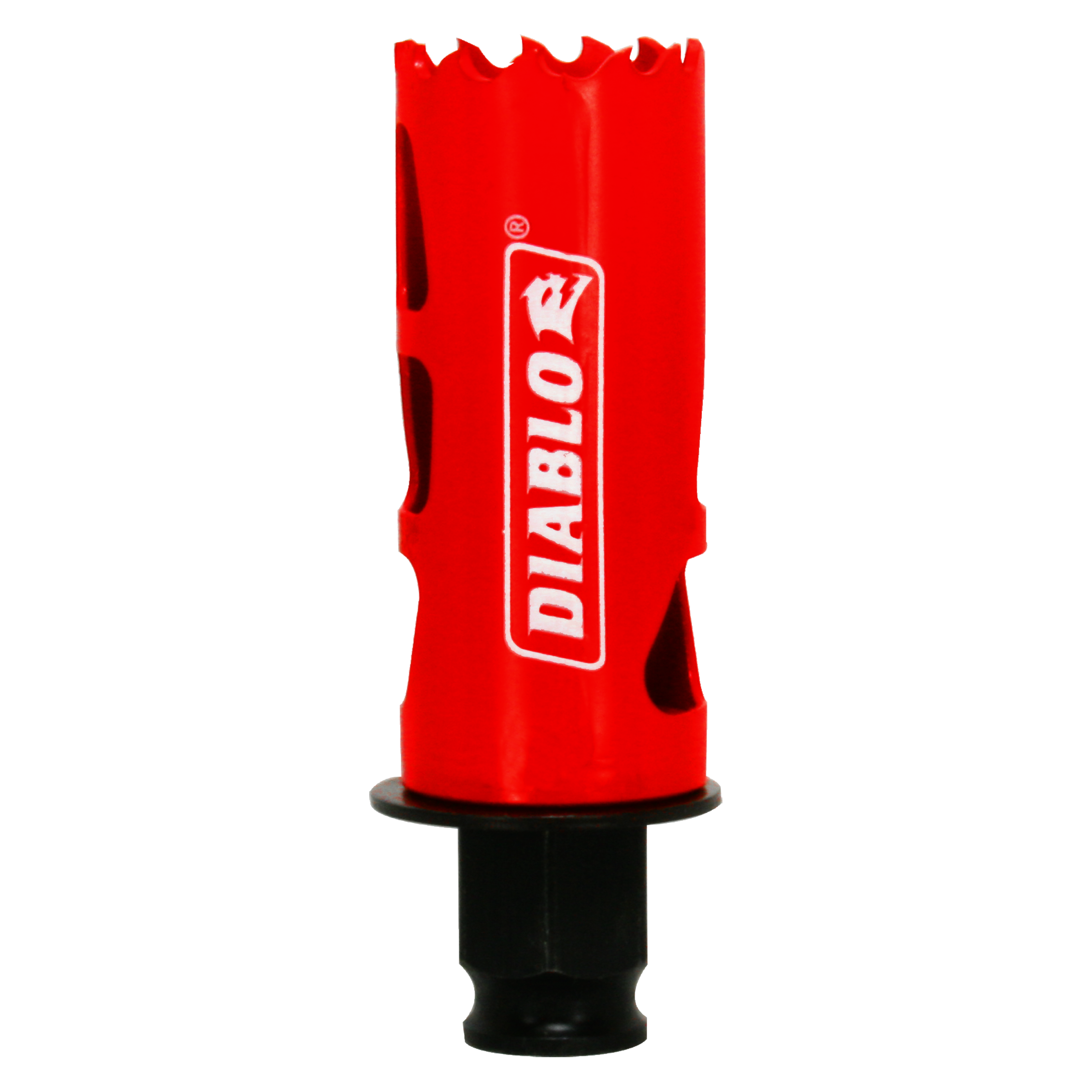 Red Diablo hole saw with serrated cutting edges and black arbor shaft against white background.