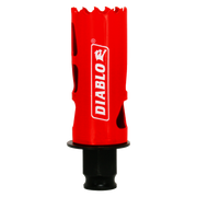 Red Diablo hole saw with serrated cutting edge and black cylindrical arbor attachment.