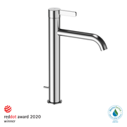Polished chrome single handle vessel bathroom sink faucet with tall cylindrical spout and lever handle.