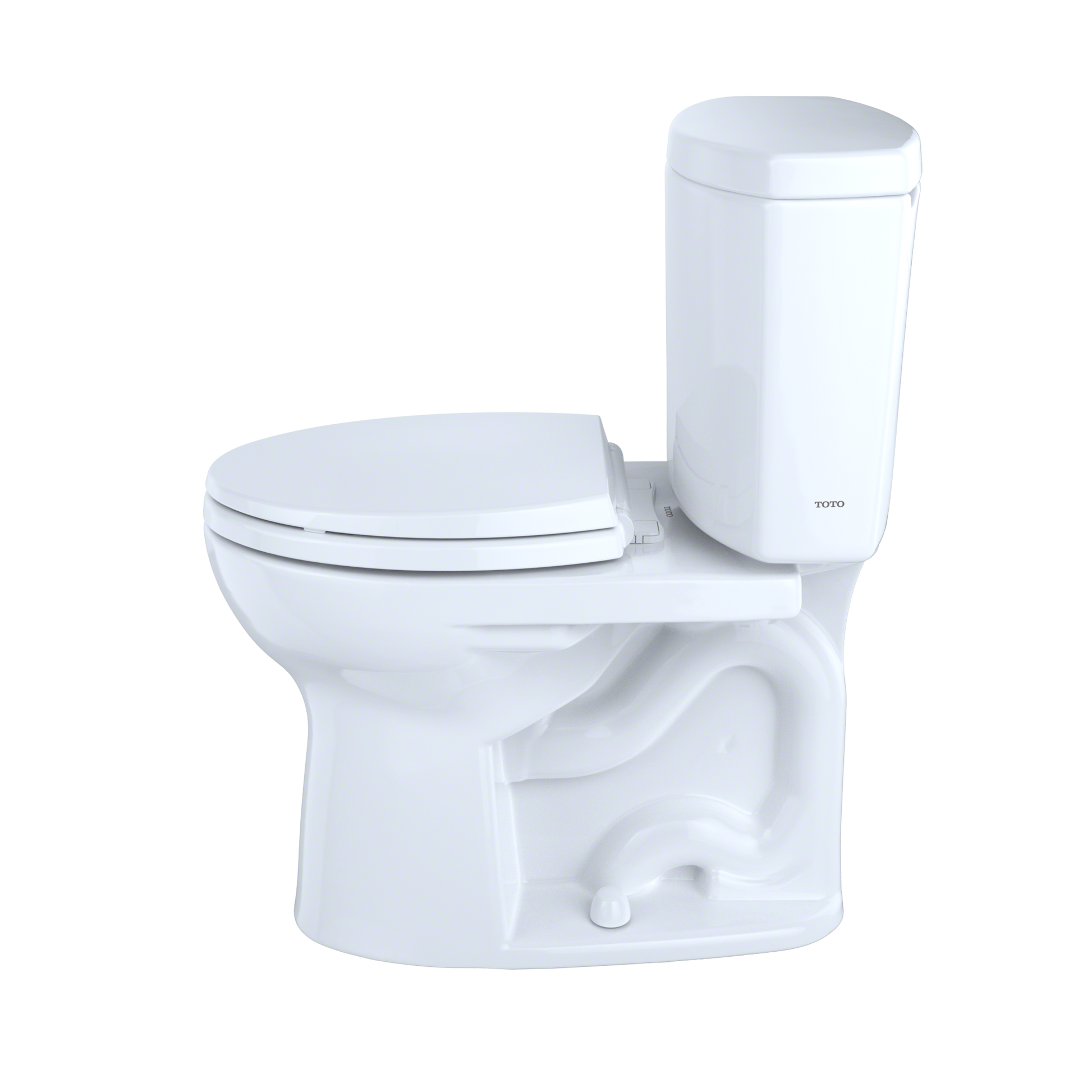 White two-piece round toilet with closed seat and tank, TOTO branding visible on tank.