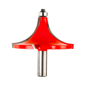 Red rounding over router bit with metal shaft and black collet on white background.