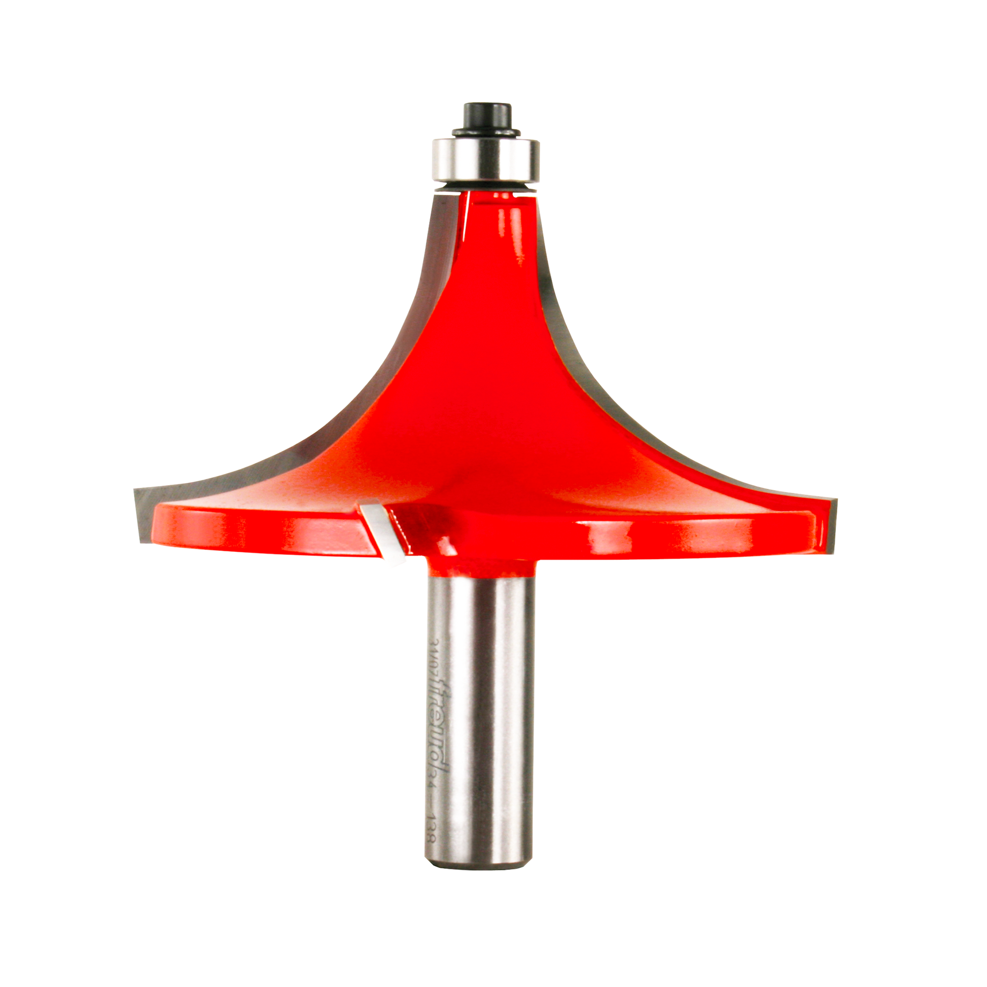 Red rounding over router bit with metal shaft and black collet on white background.