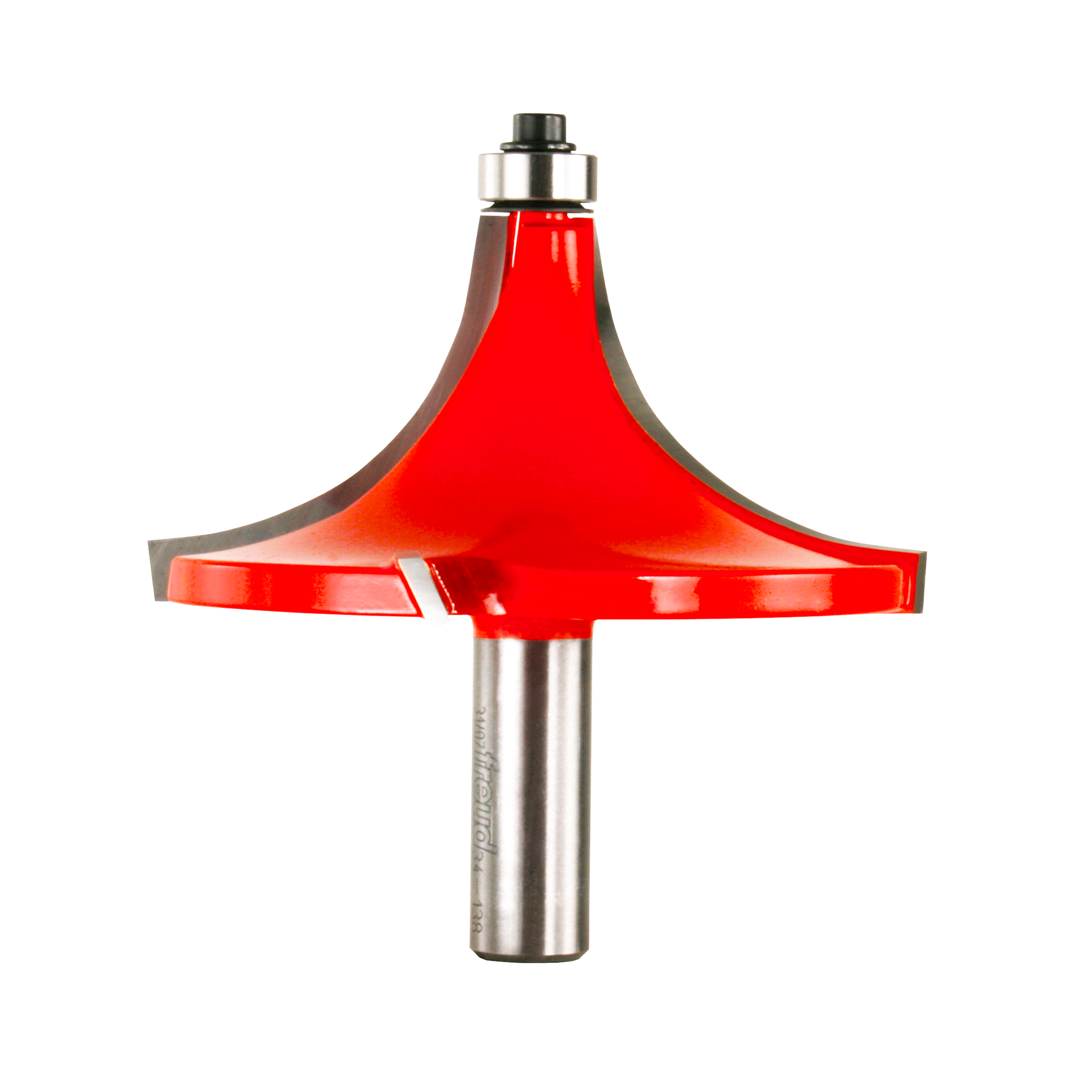 Red rounding over router bit with metal shaft and black collet on white background.
