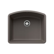 Volcano gray single bowl undermount sink with rounded corners and chrome drain assembly.