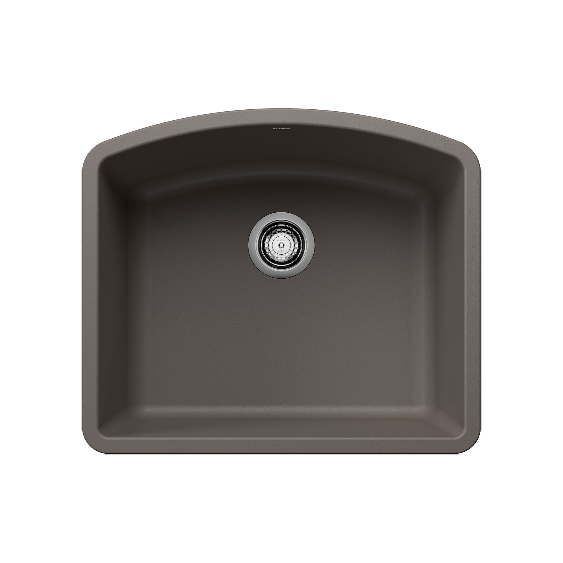 Volcano gray single bowl undermount sink with rounded corners and chrome drain assembly.