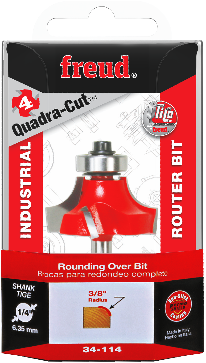 Freud rounding over bit with red body, metal shank, and 3/8" radius cutting edge in retail packaging.