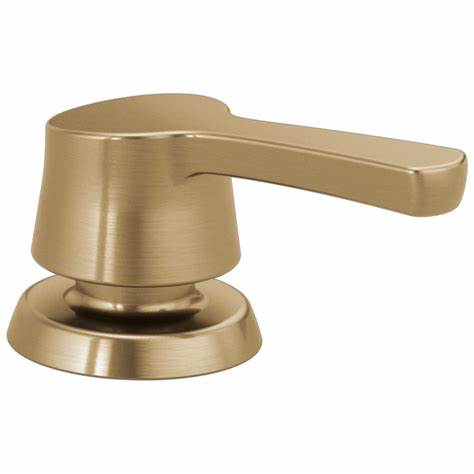 Champagne bronze soap and lotion dispenser pump with cylindrical reservoir and lever handle.