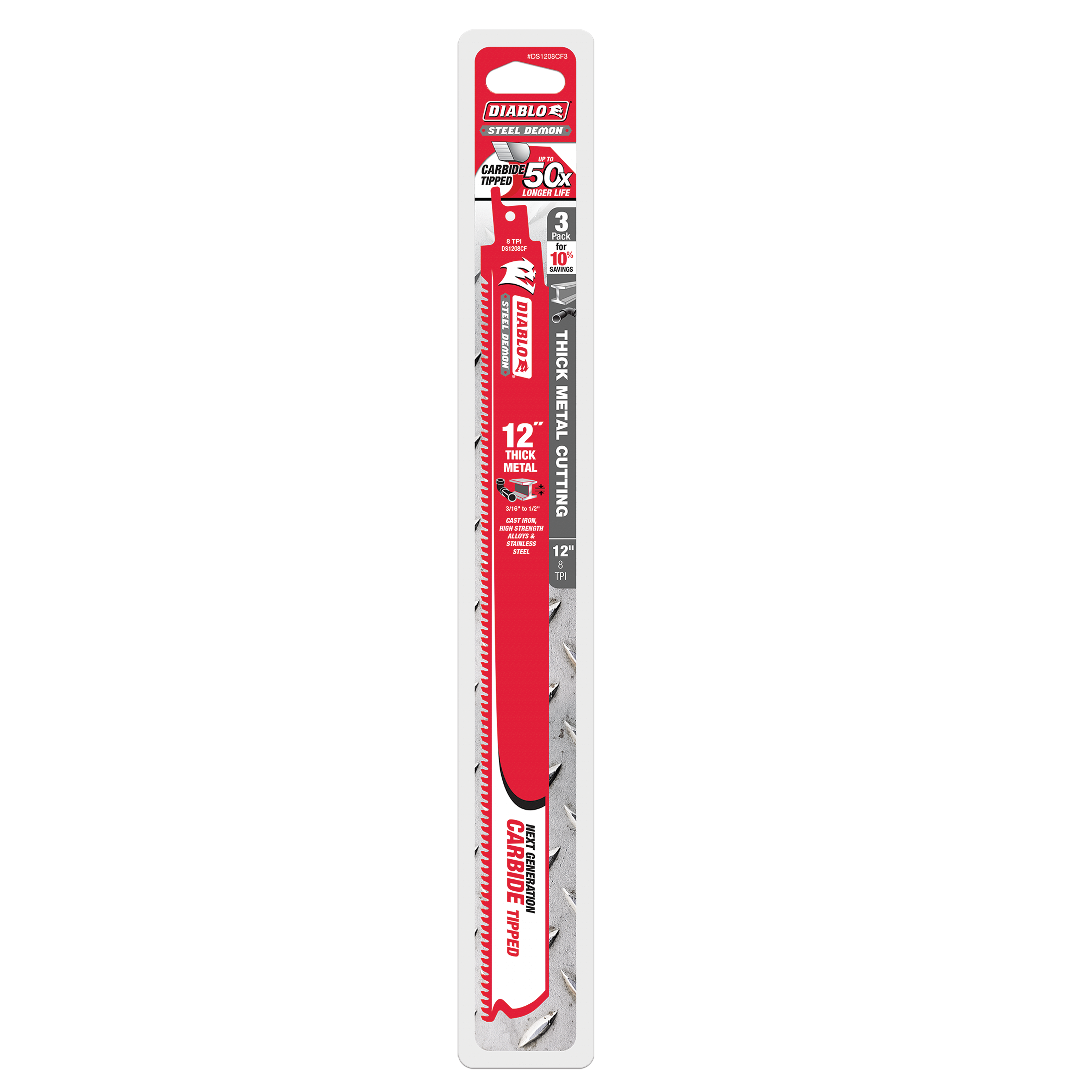 12-inch reciprocating saw blade with carbide teeth and red handle, packaged in clear plastic with red and black labeling.